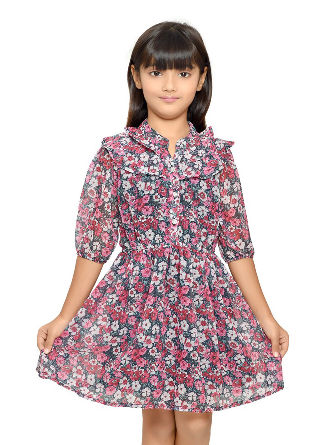 

Doodle Girls Floral Printed Mandarin Collar Gathered Fit & Flare Dress, Blue