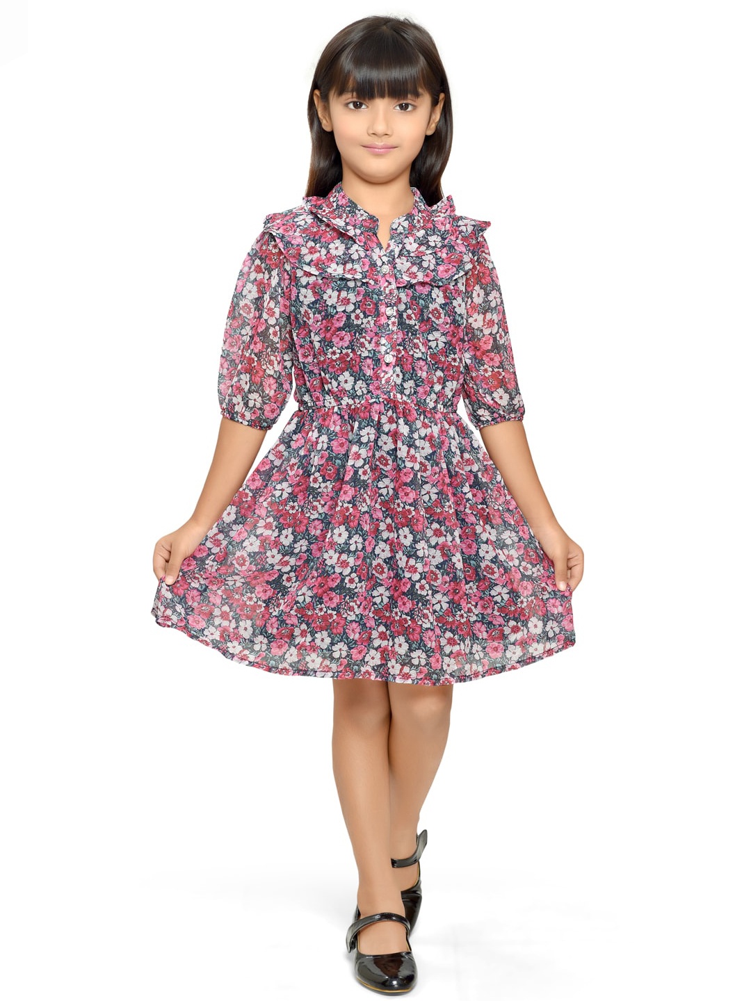 

Doodle Girls Floral Printed Mandarin Collar Gathered Fit & Flare Dress, Blue