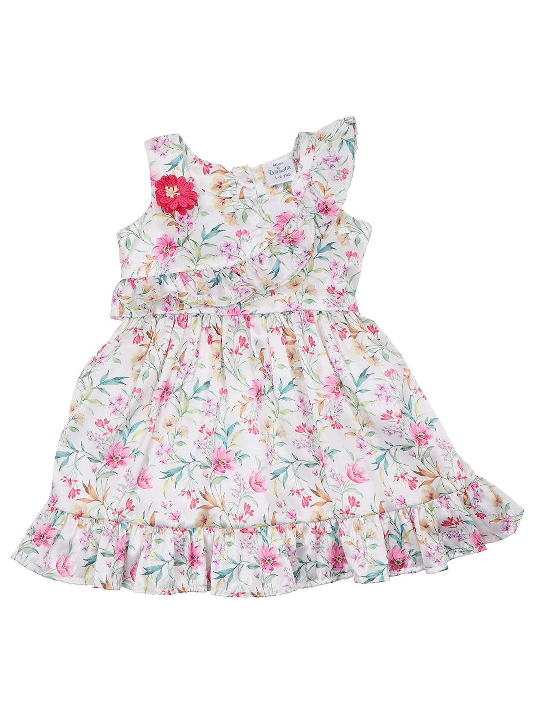 

Doodle Infant Girls Floral Printed Ruffles Detailed Fit & Flare Dress, Off white