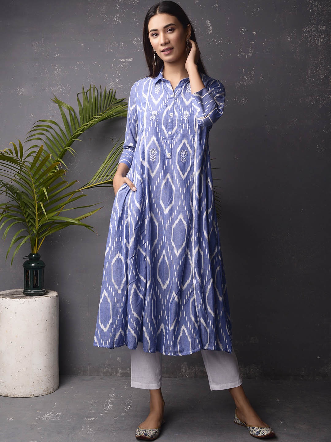 

PINKSKY Women Ethnic Motifs Printed Thread Work A-Line Kurta, Blue
