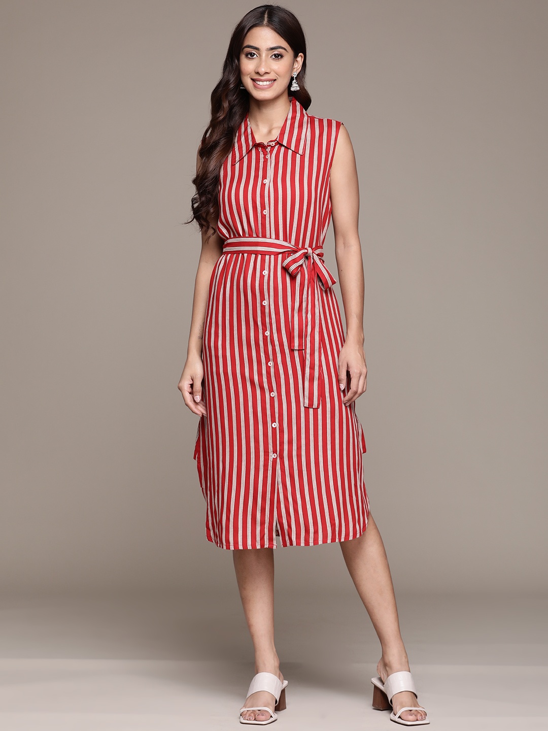 

Anubhutee Striped Shirt Ethnic Dress with Belt, Maroon