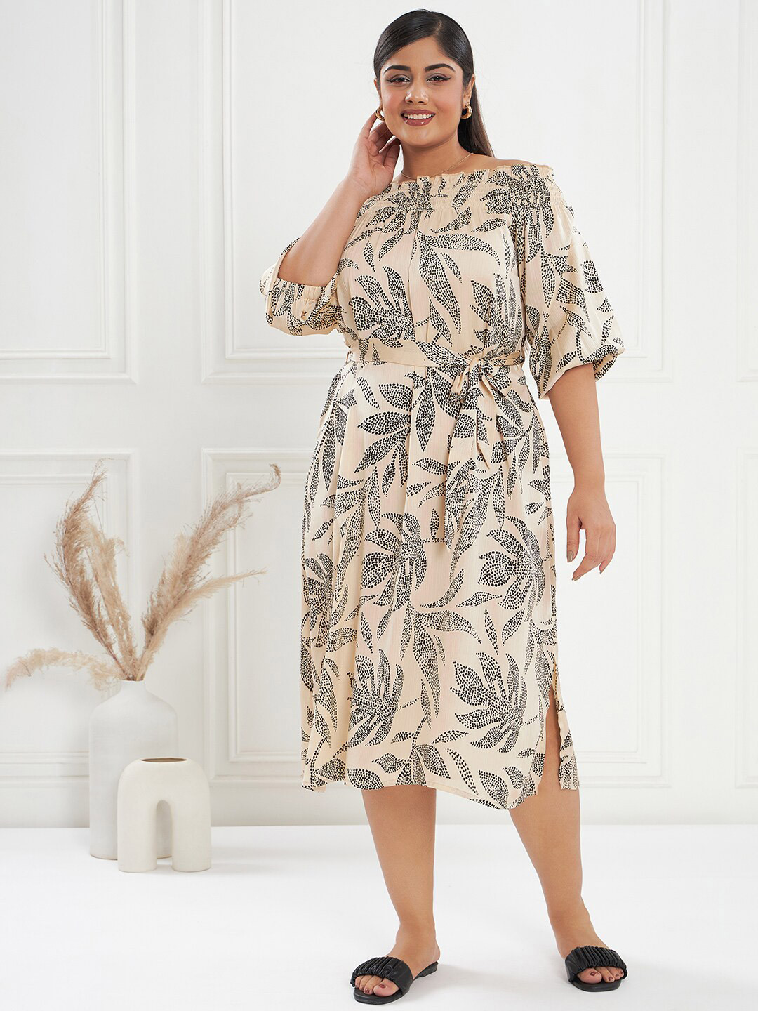 

CURVE BY KASSUALLY Beige & Black Floral Printed Off-Shoulder Tie-Ups A-Line Midi Dress