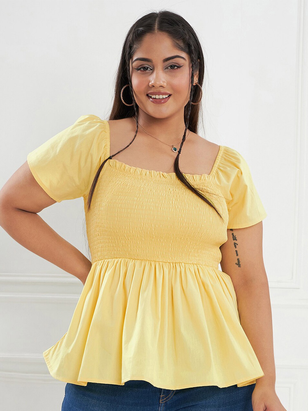 

CURVE BY KASSUALLY Plus Size Yellow Square Neck Smocked Pure Cotton Peplum Top