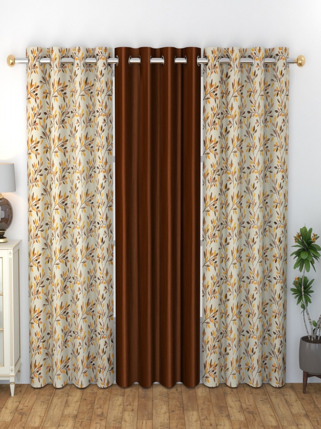 

Homefab India Grommet Brown & White 3 Pieces Long Door Curtains