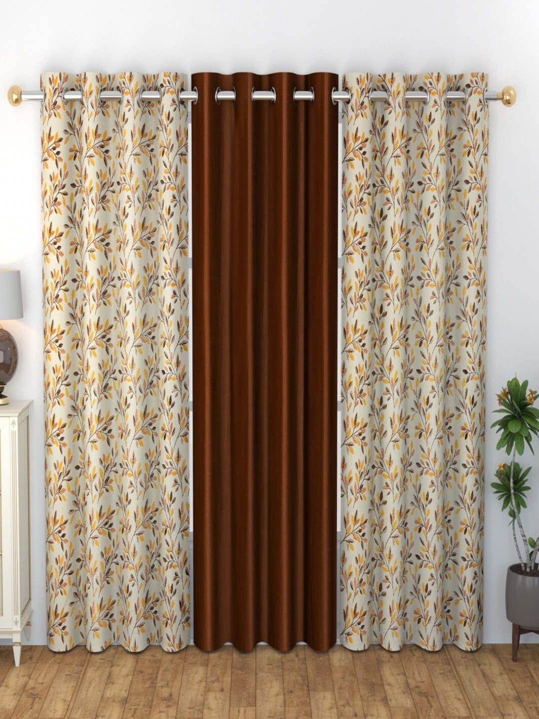 

Homefab India Brown & White 3-Pieces Floral Door Curtains