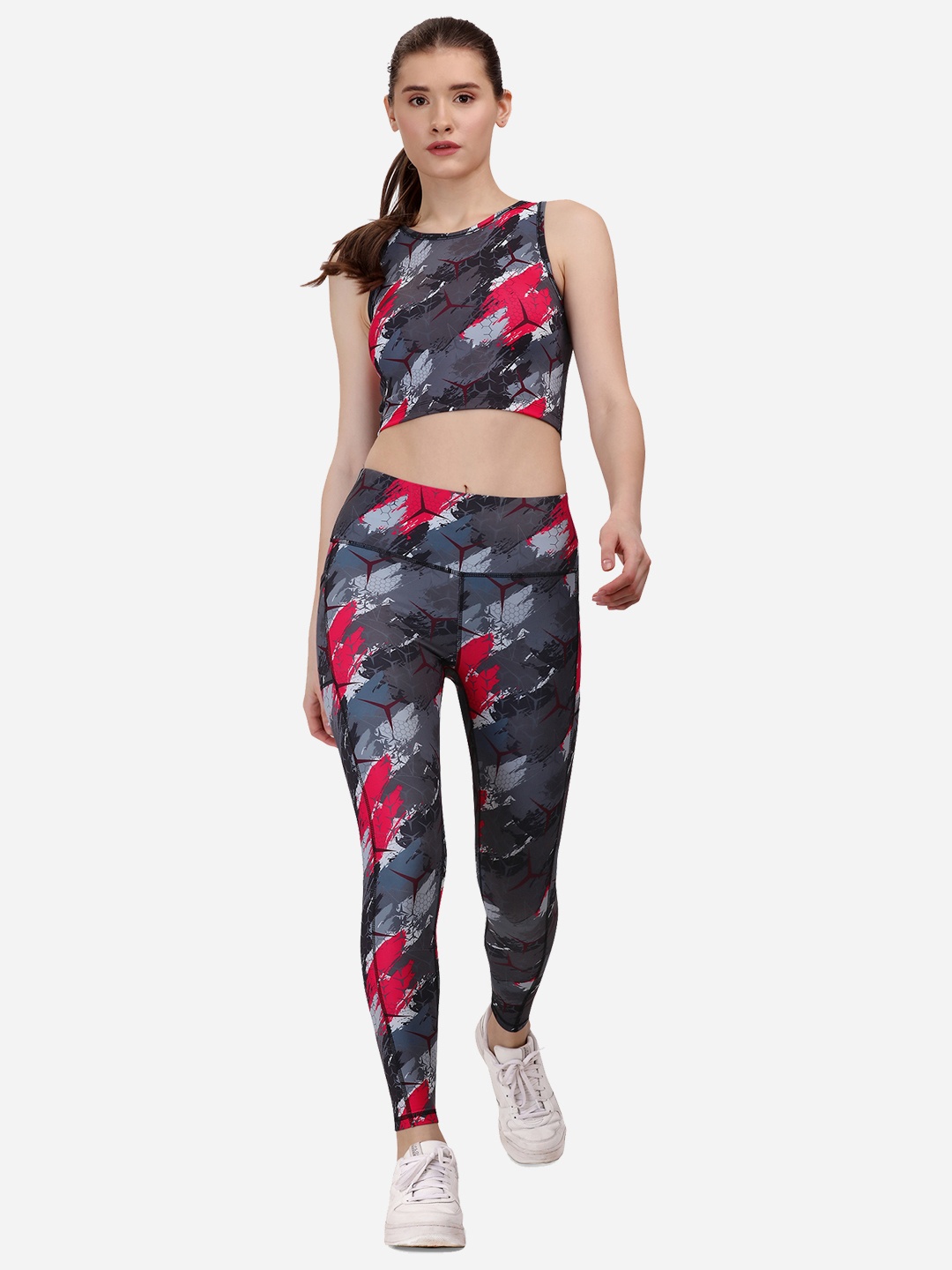 

Soie Abstract Printed Sleeveless Sports Tights & Crop Top, Grey