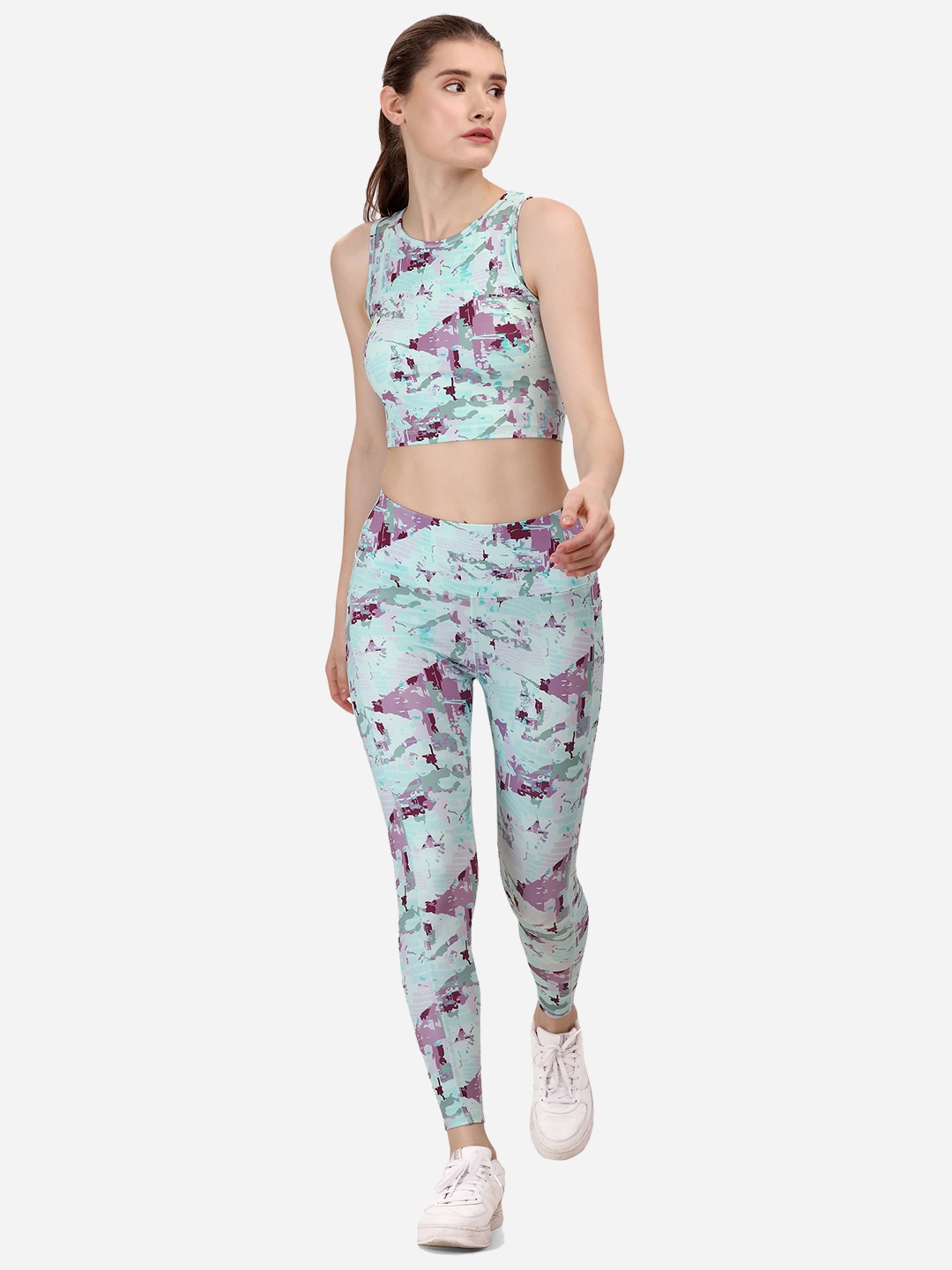 

Soie Abstract Printed Sleeveless Sports Tights & Crop Top, Blue