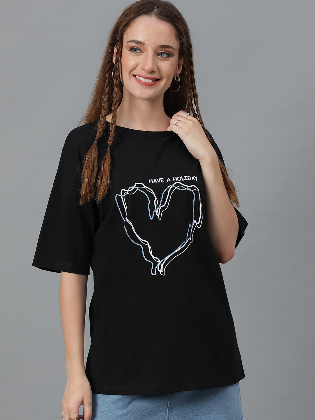 

Kotty Graphic Printed Round Neck Drop-Shoulder Sleeves Pure Cotton Oversized T-shirt, Black