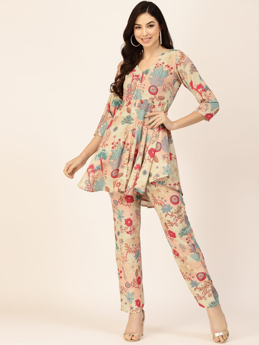 

TANKHI Floral Printed Top With Straight Palazzos Co-Ords Set, Beige