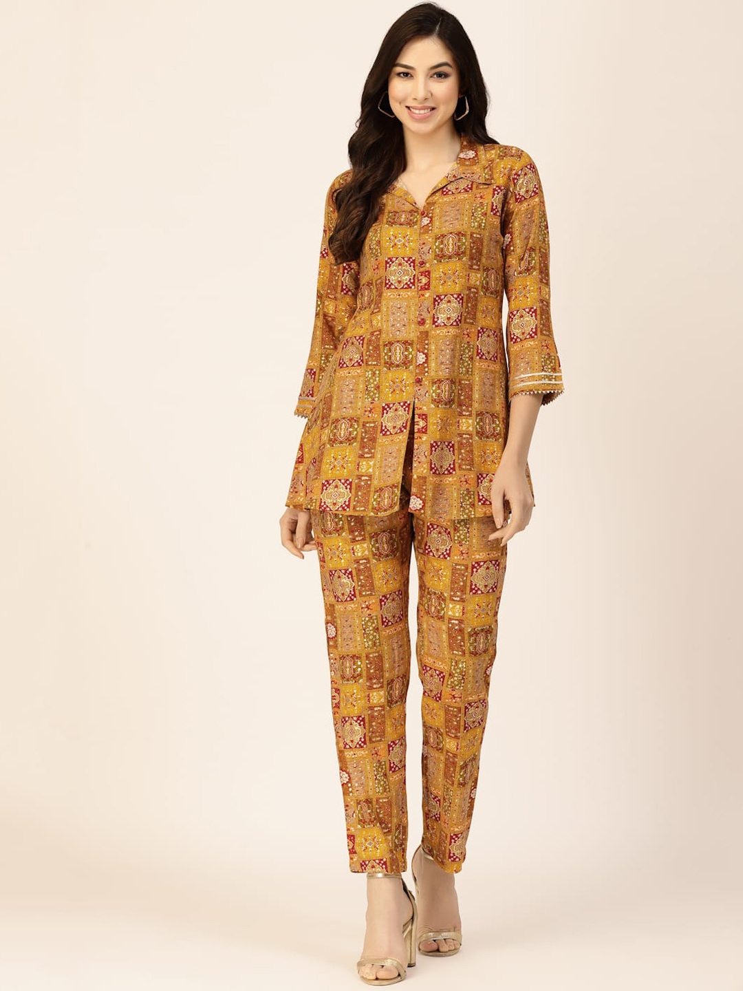 

Sangria Printed Top & Trouser, Mustard