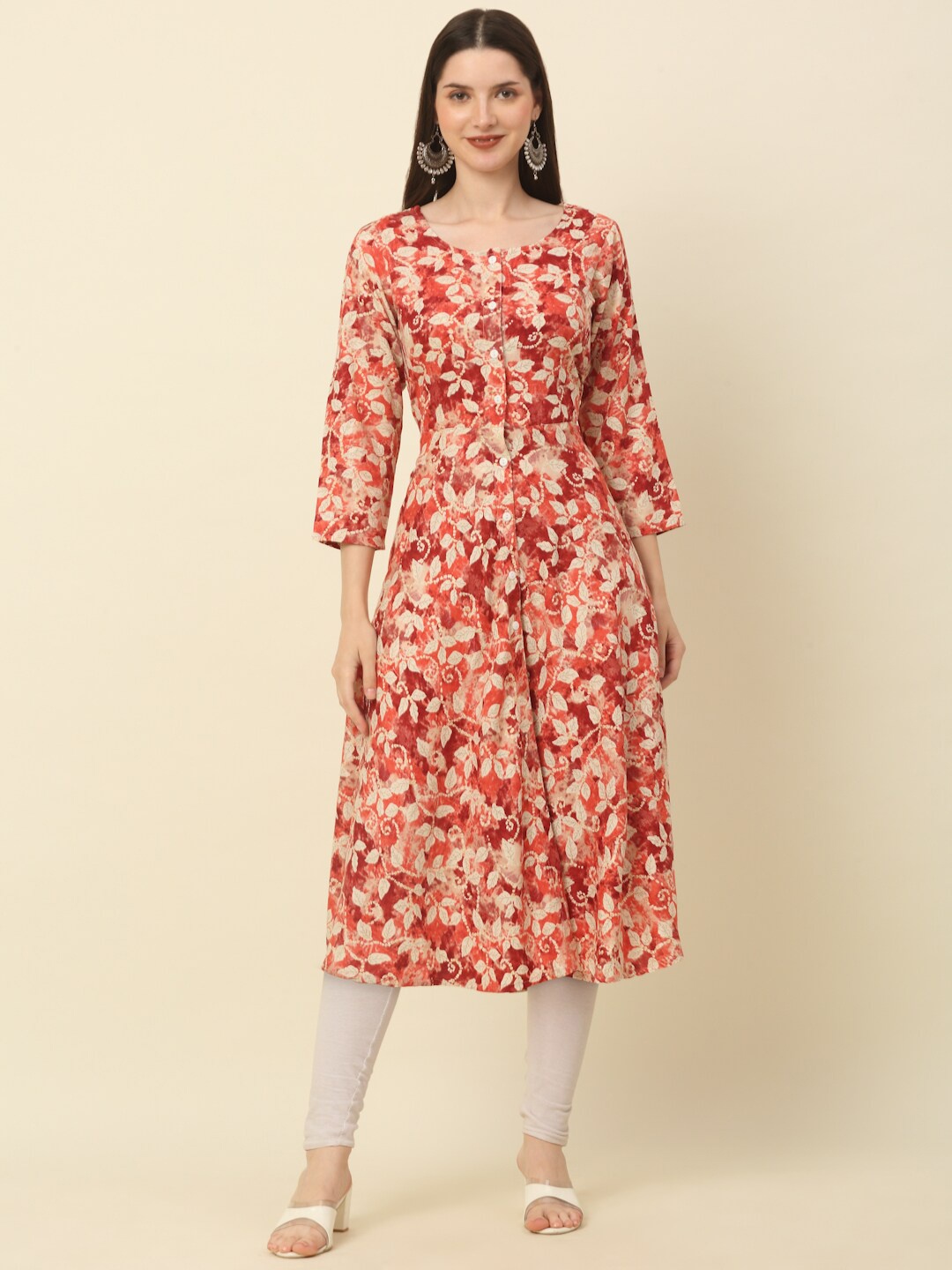 Anouk Red & Beige Floral Printed Round neck A-Line Kurta