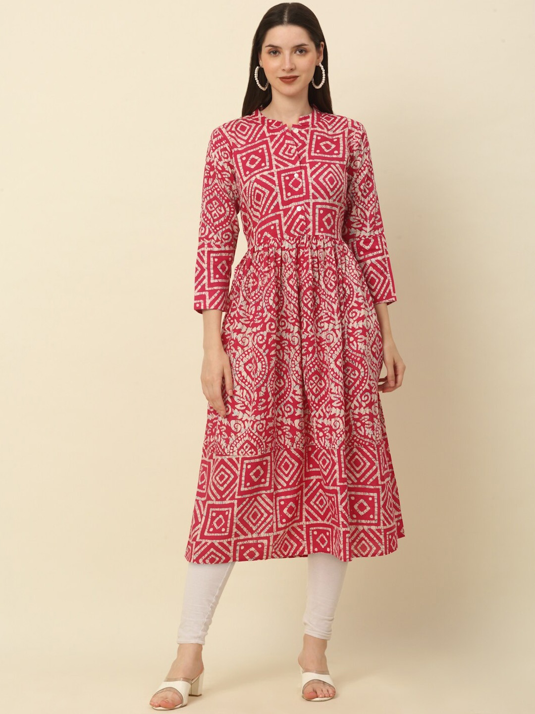 

Anouk Pink & White Geometric Printed Mandarin Collar Anarkali Kurta