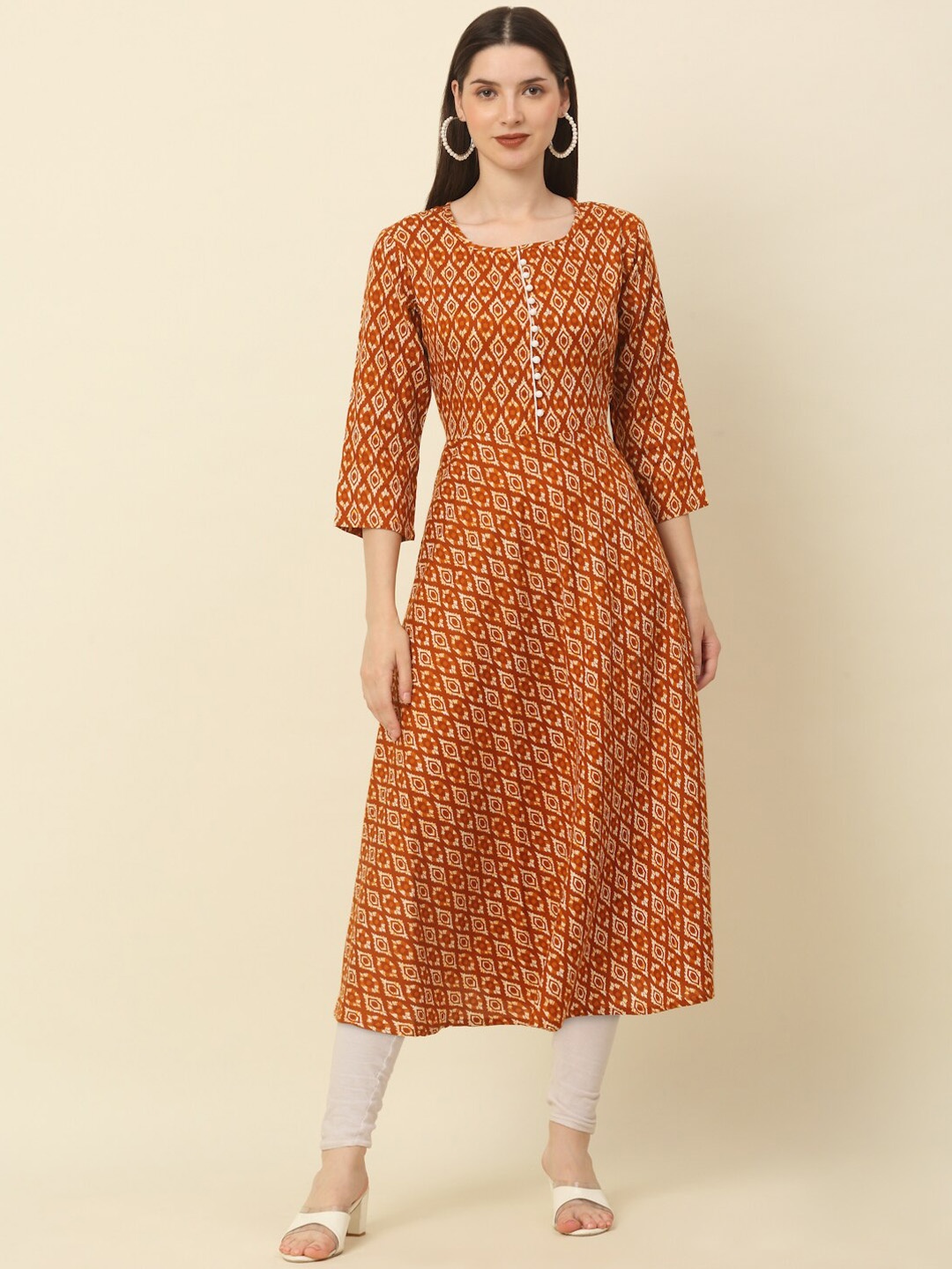 

Anouk Brown & Beige Ethnic Motifs Printed Round Neck Pure Cotton A-Line Kurta