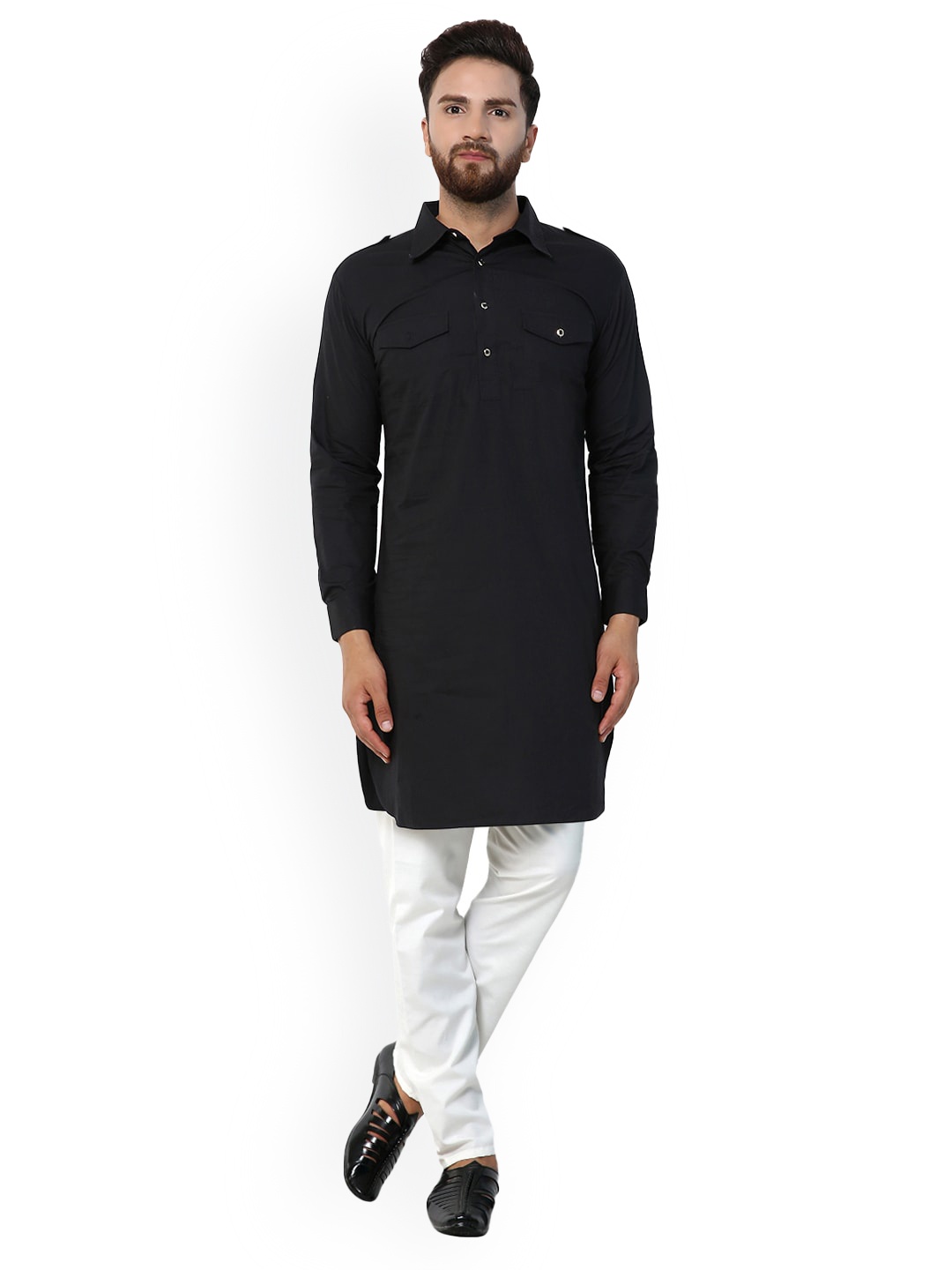 

Purple State Shirt Collar Roll-Up Sleeve Pure Cotton Pahtani kurta, Black