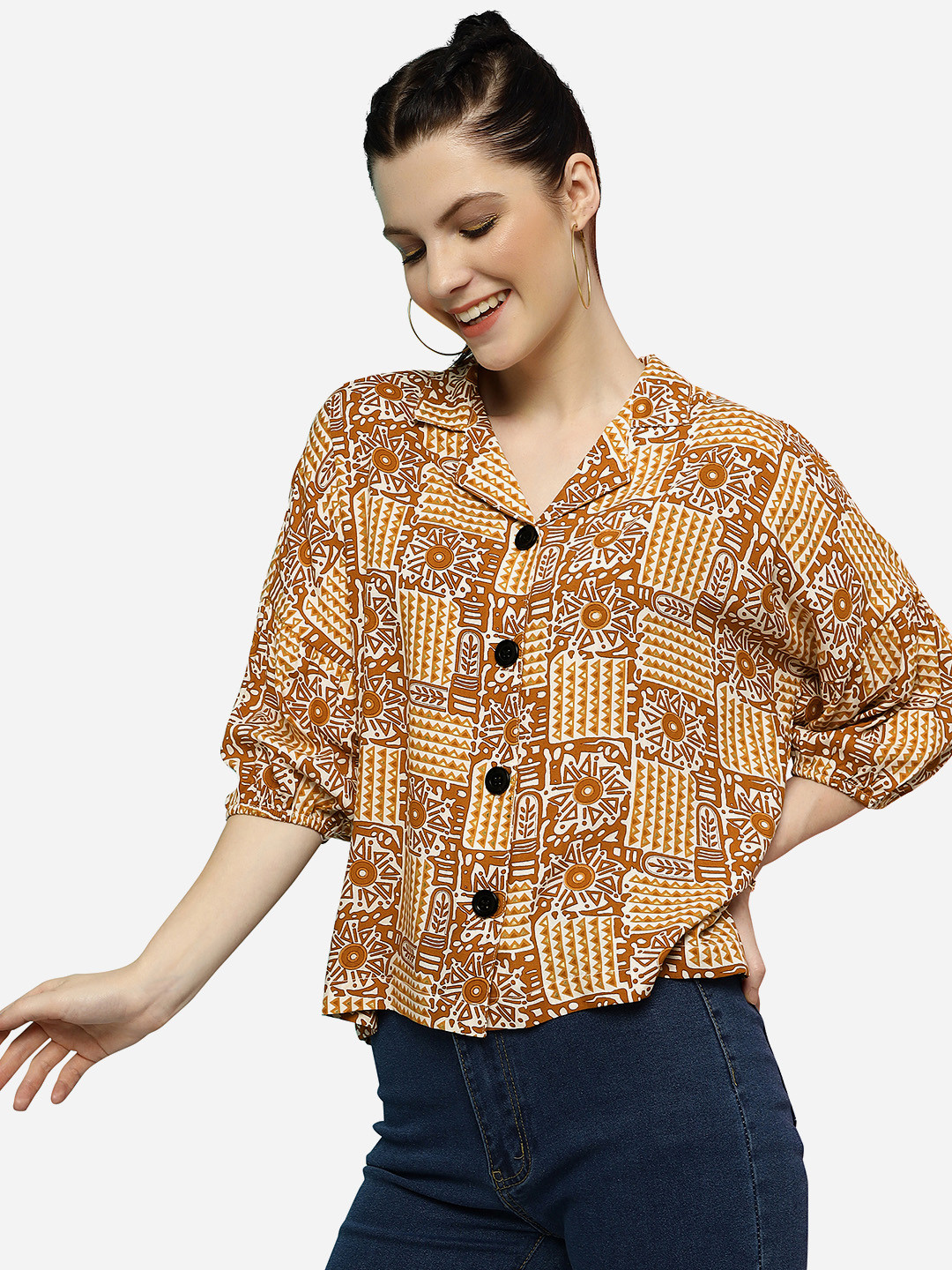 

Turritopsis Classic Geometric Printed Boxy Casual Shirt, Brown