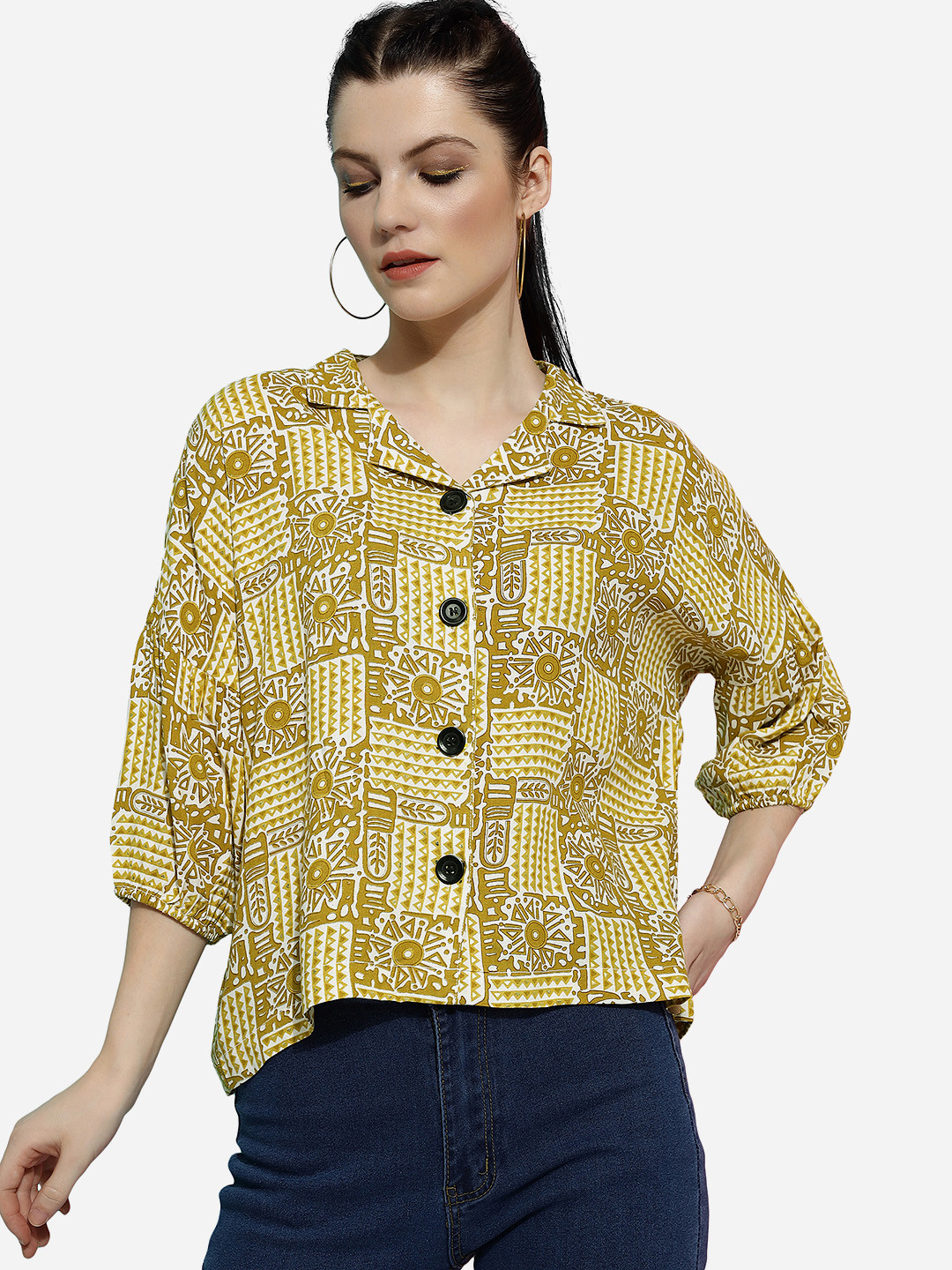 

J Turritopsis Classic Boxy Opaque Ethnic Motifs Printed Oversize Casual Shirt, Yellow