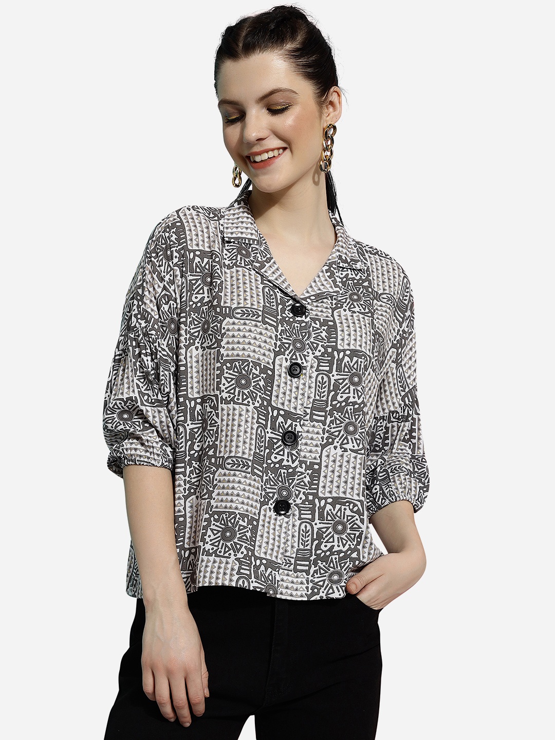 

J Turritopsis Classic Boxy Opaque Ethnic Motifs Printed Oversize Casual Shirt, Grey