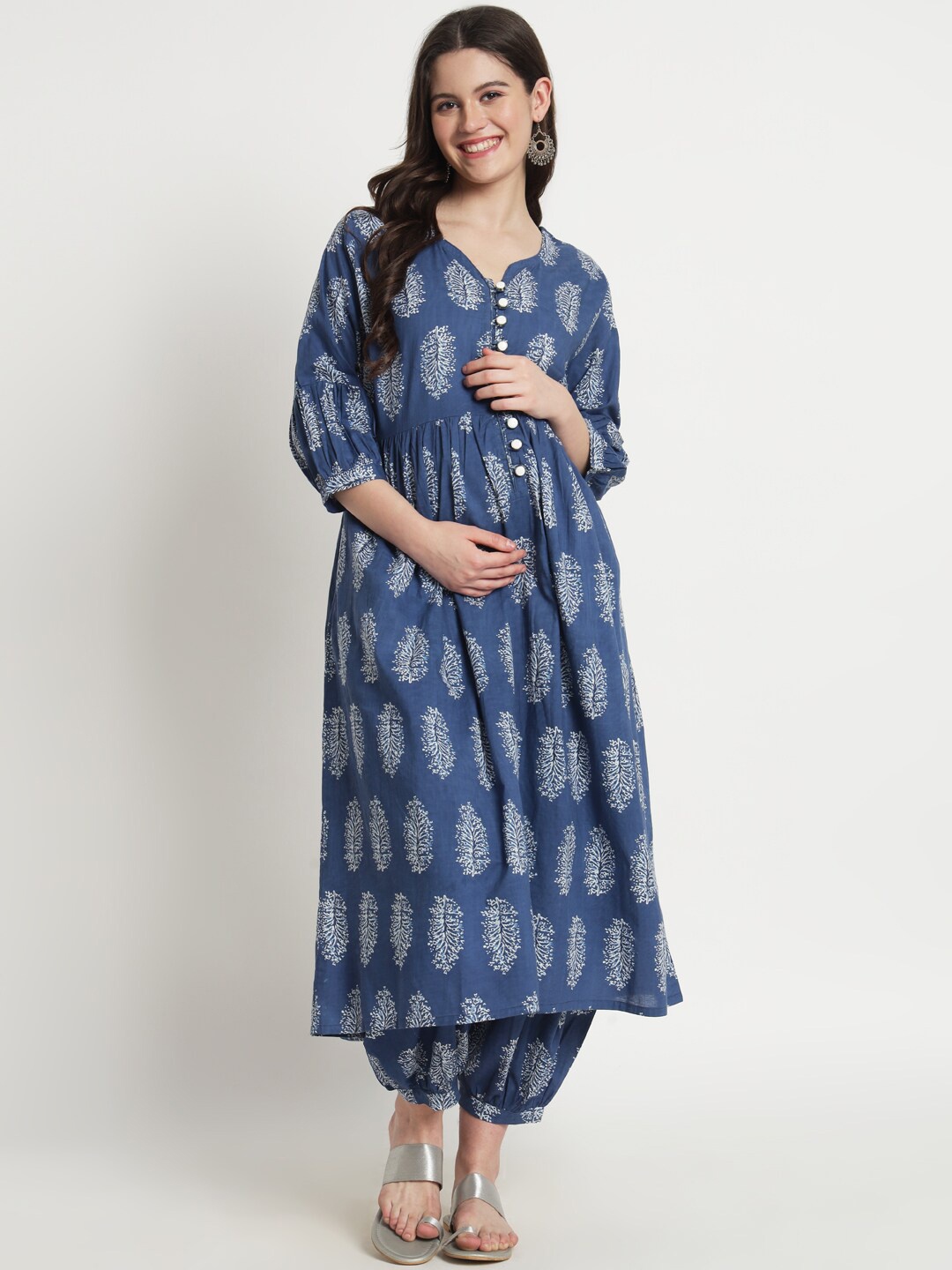 

Aujjessa Ethnic Motifs Printed Maternity Pure Cotton Kurta With Paiala, Blue