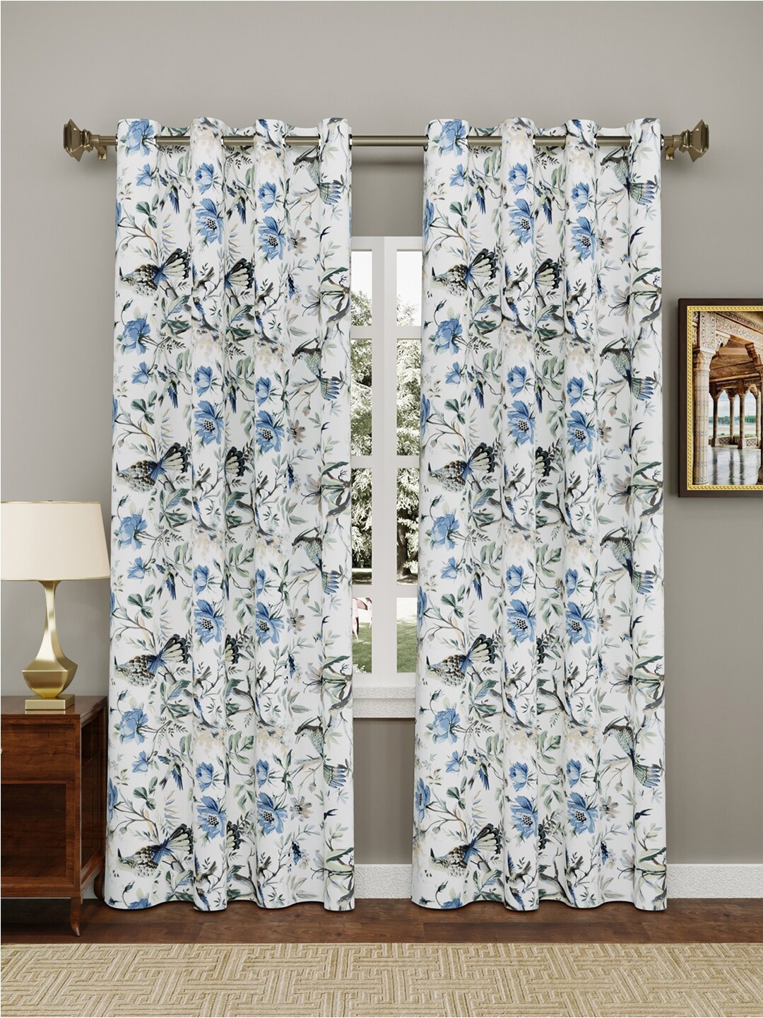Clasiko 2 Pcs White & Blue Floral Pure Cotton Long Door Curtains