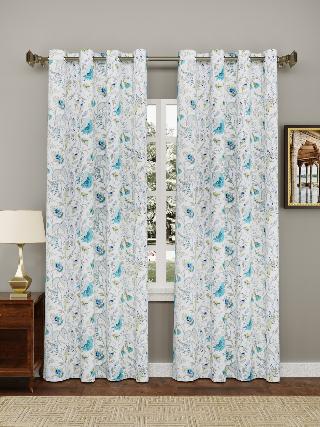 

Clasiko 2 Pcs White & Blue Floral Pure Cotton Window Curtains