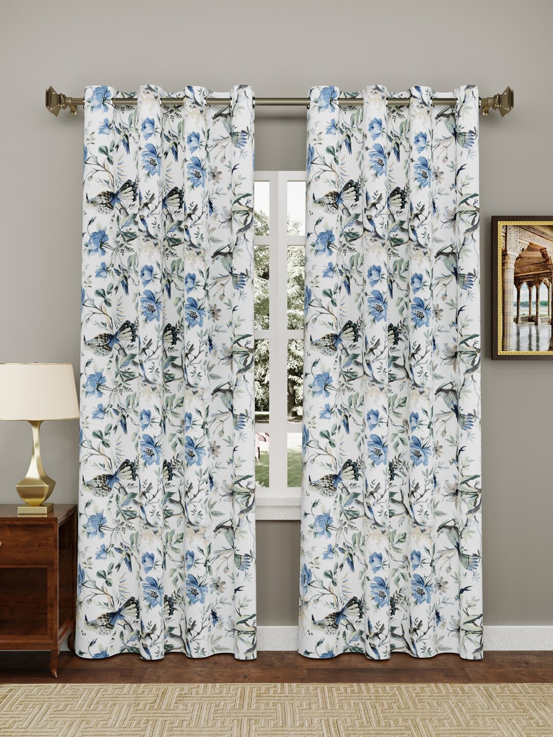 

Clasiko 2 Pcs White & Blue Floral Pure Cotton Window Curtains