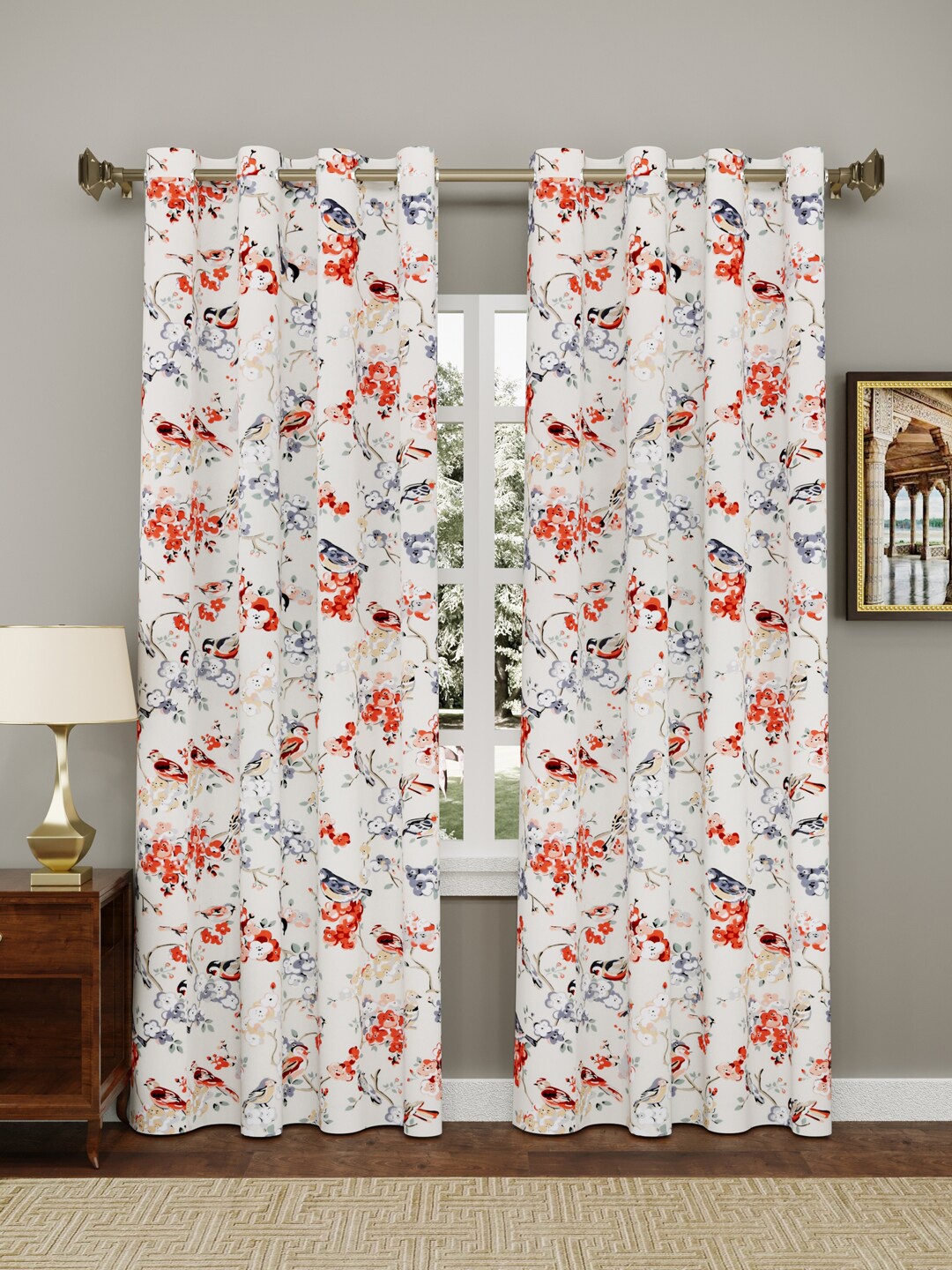 

Clasiko Grey & Red 2 Pieces Floral Printed Pure Cotton Long Door Curtains