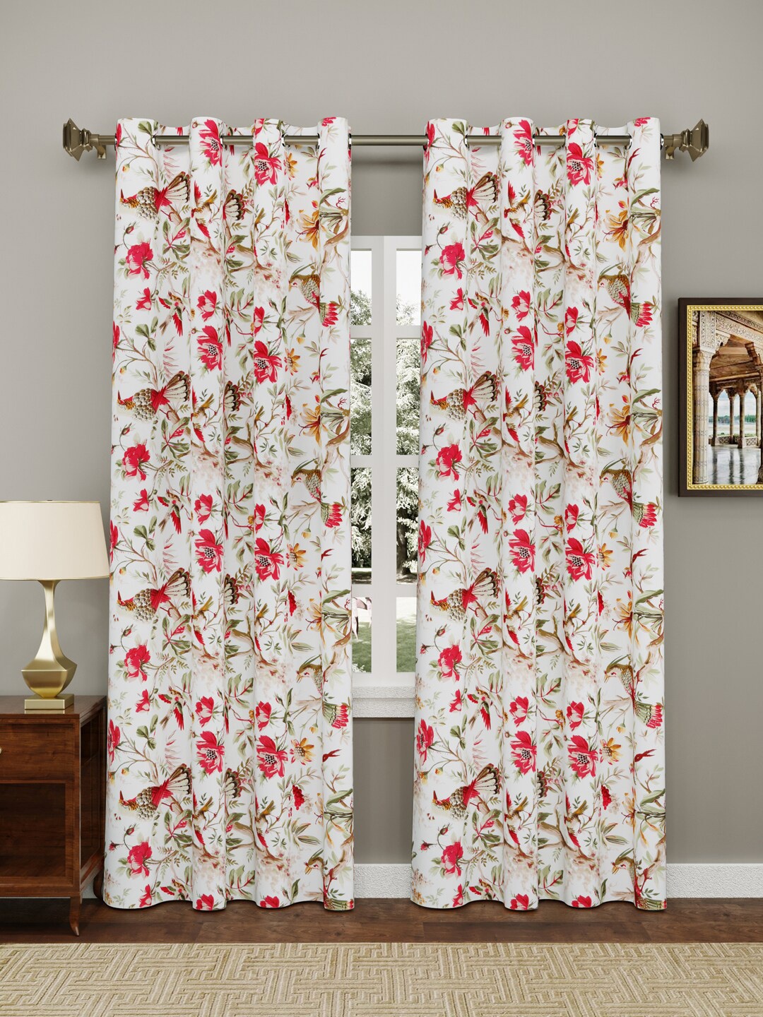 

Clasiko 2 Pcs White & Red Floral Pure Cotton Long Door Curtain