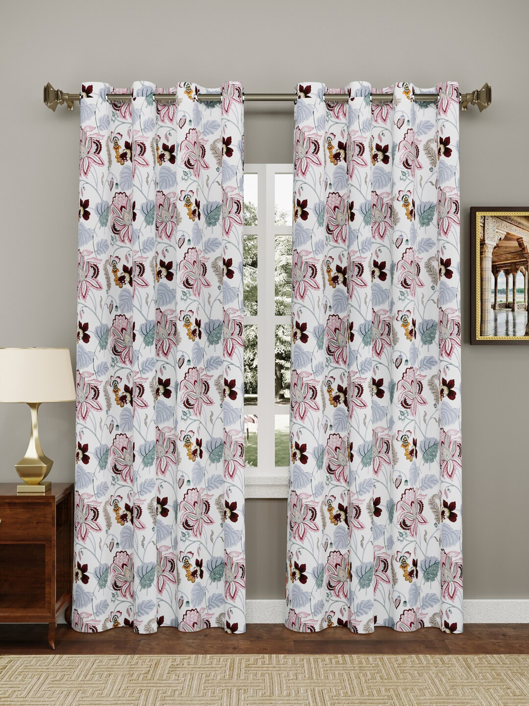

Clasiko Brown & White 2 Pieces Floral Long Door Curtains