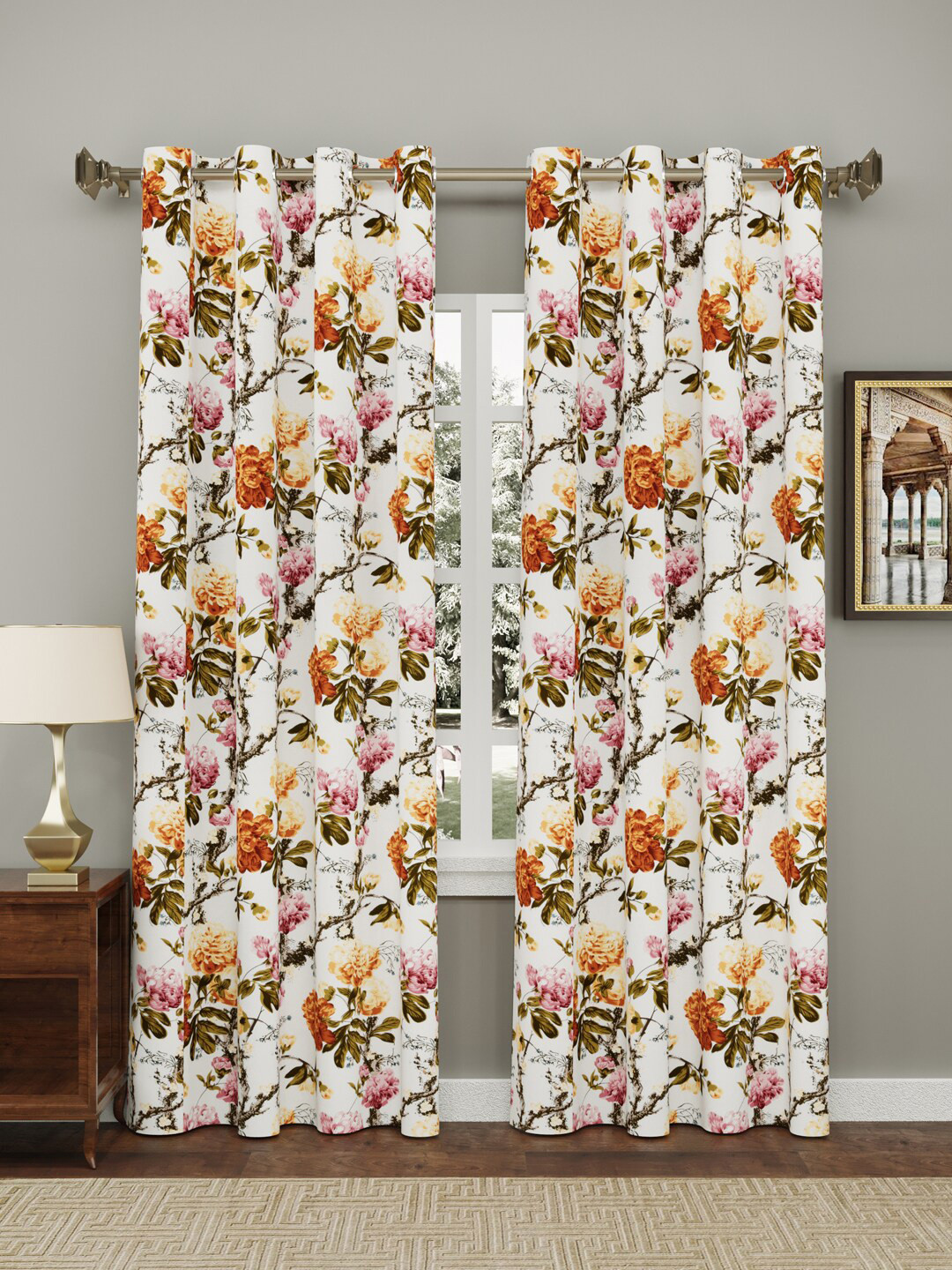 

Clasiko 2 Pcs White & Orange Floral Pure Cotton Long Door Curtain