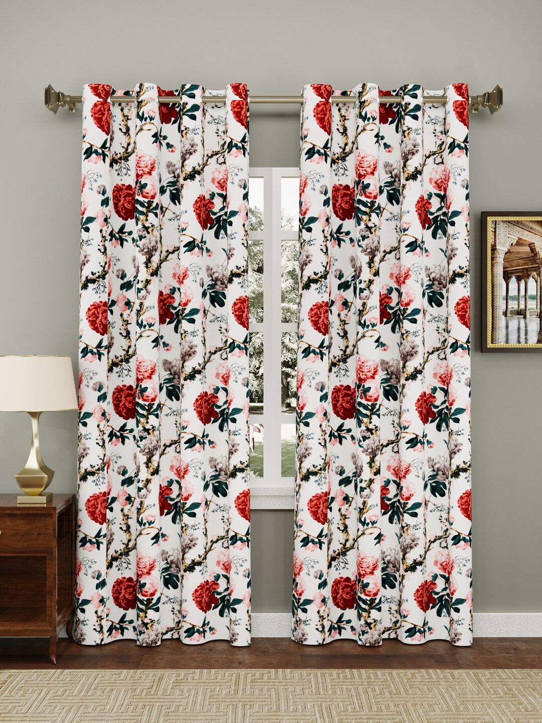 

Clasiko Orange & Green 2 Pieces Floral Window Curtains