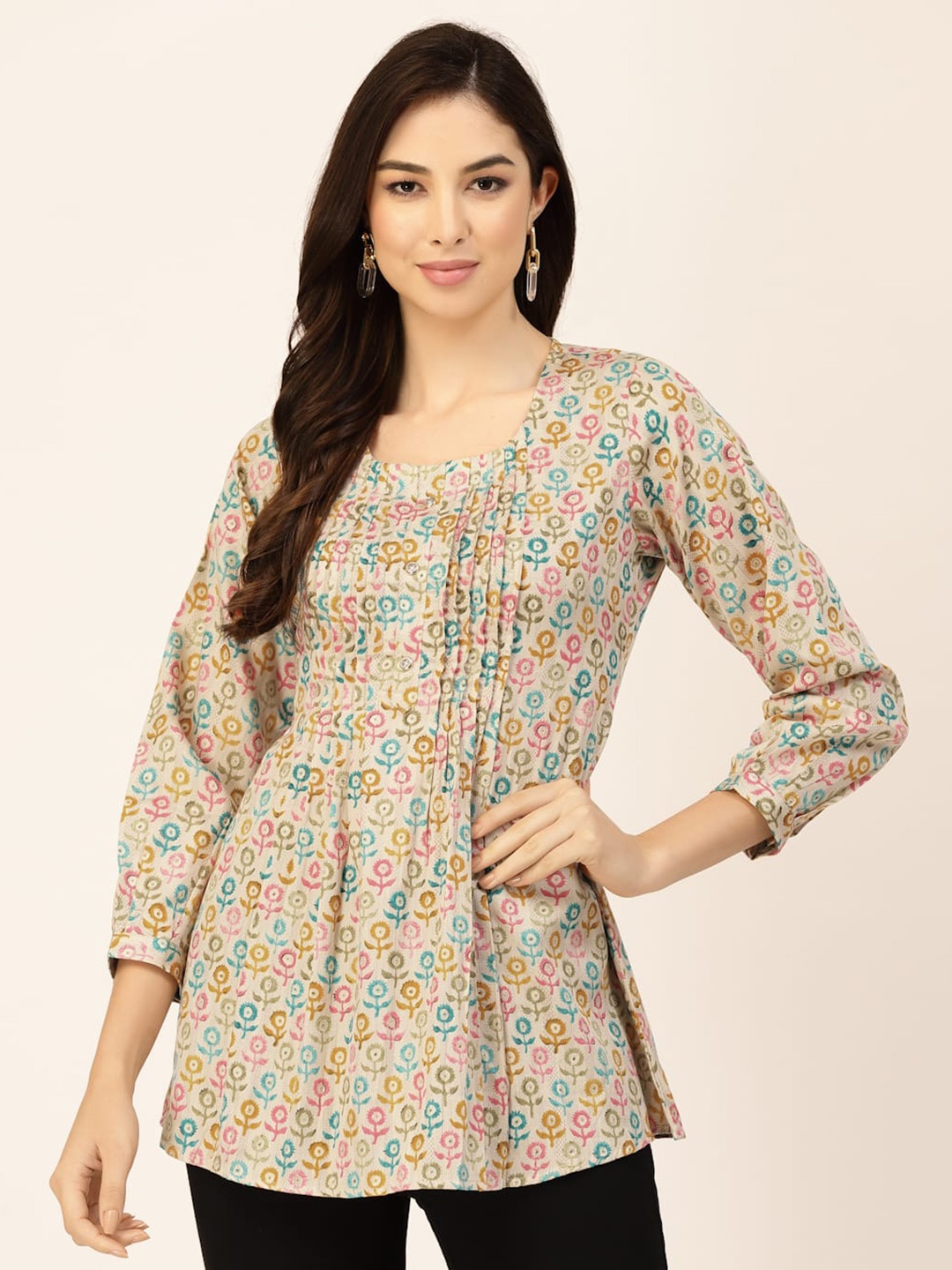 

Sangria Floral Printed Modal A-Line Tunic, Cream