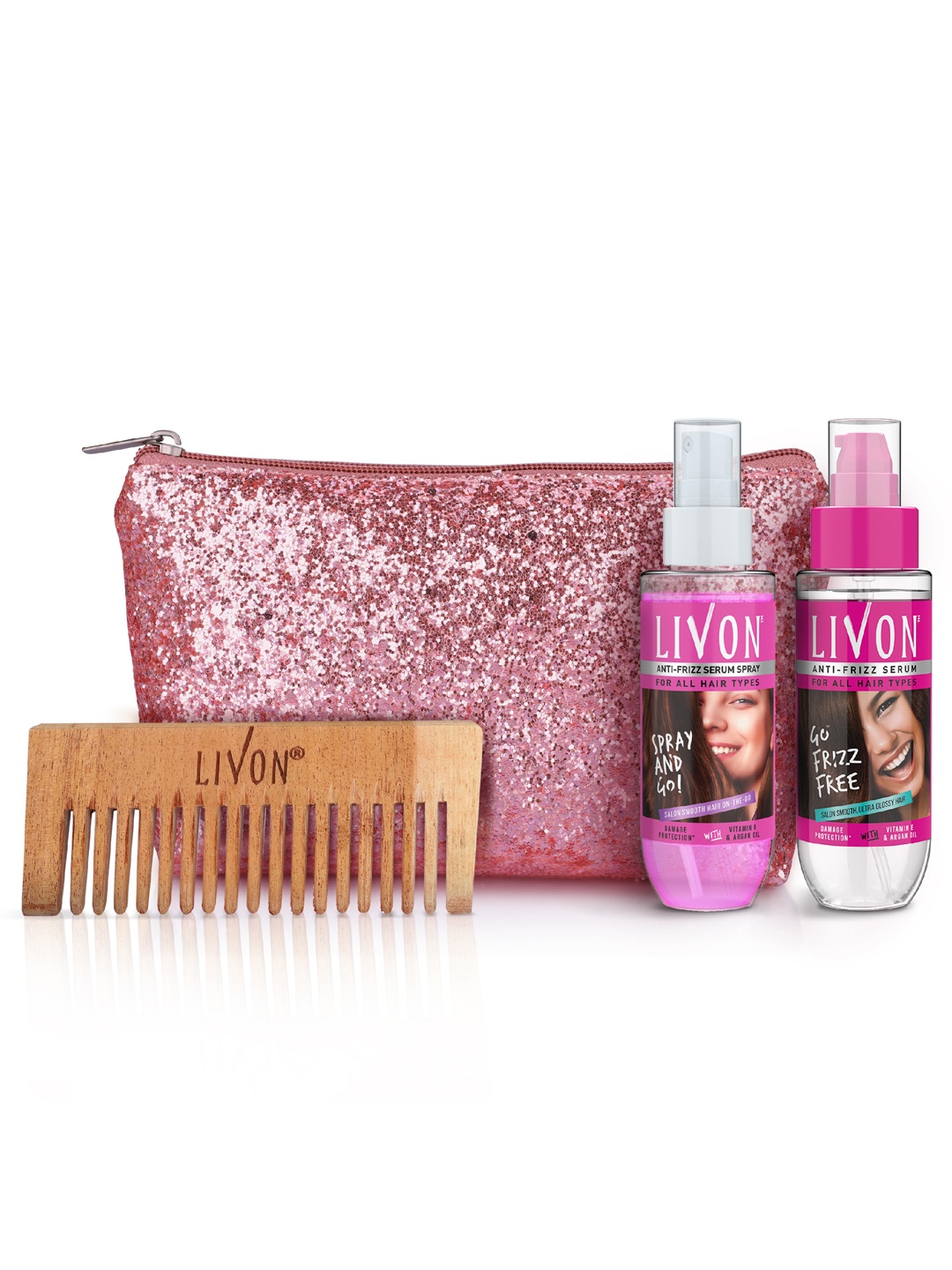 

Livon Anti Frizz Hair Serum 100ml + Serum Spray 100ml + Multipurpose Pouch + Neem Comb, Pink