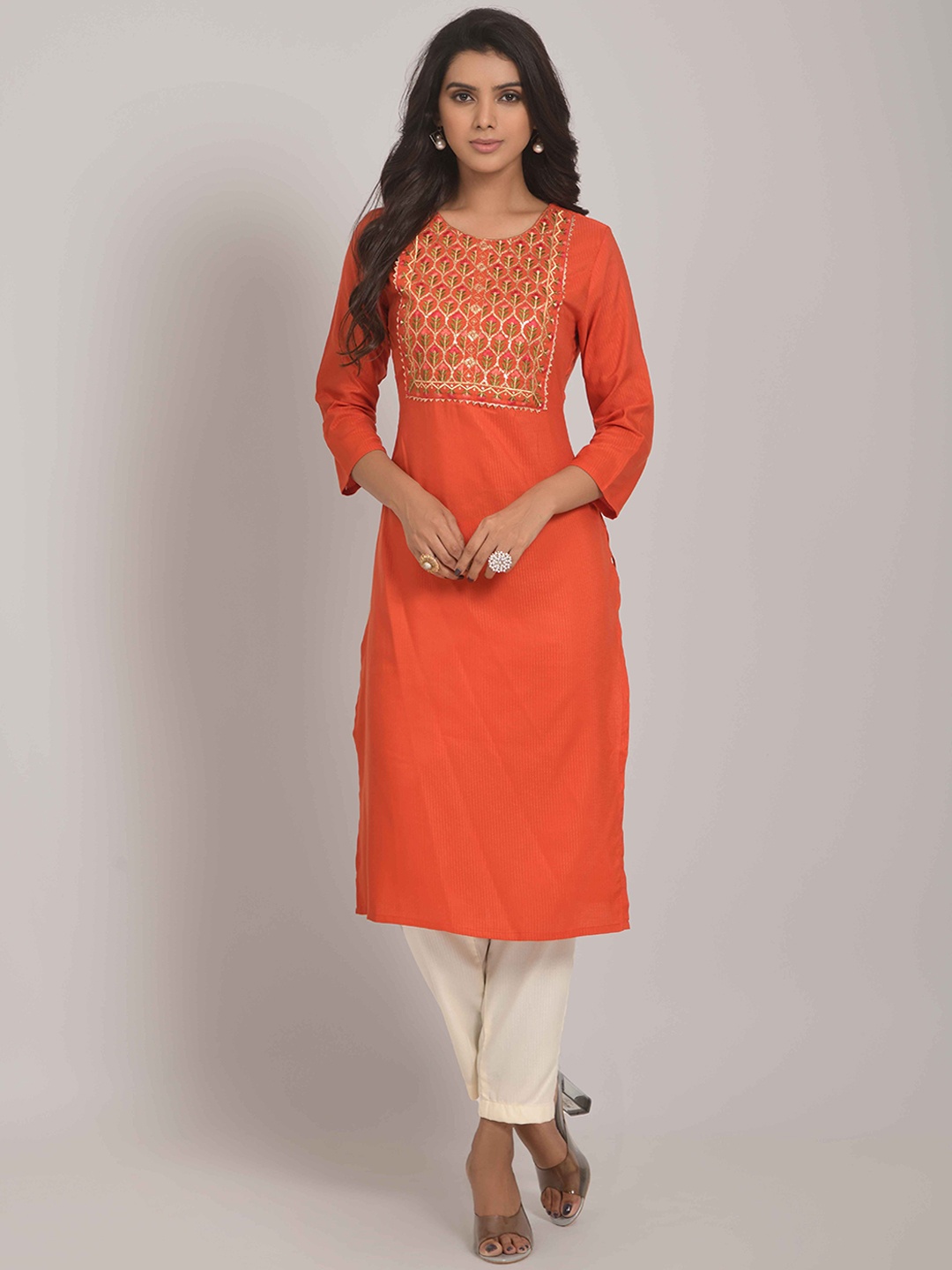

Happy Design Round Neck Sequinned Detailed Straight Kurta, Orange