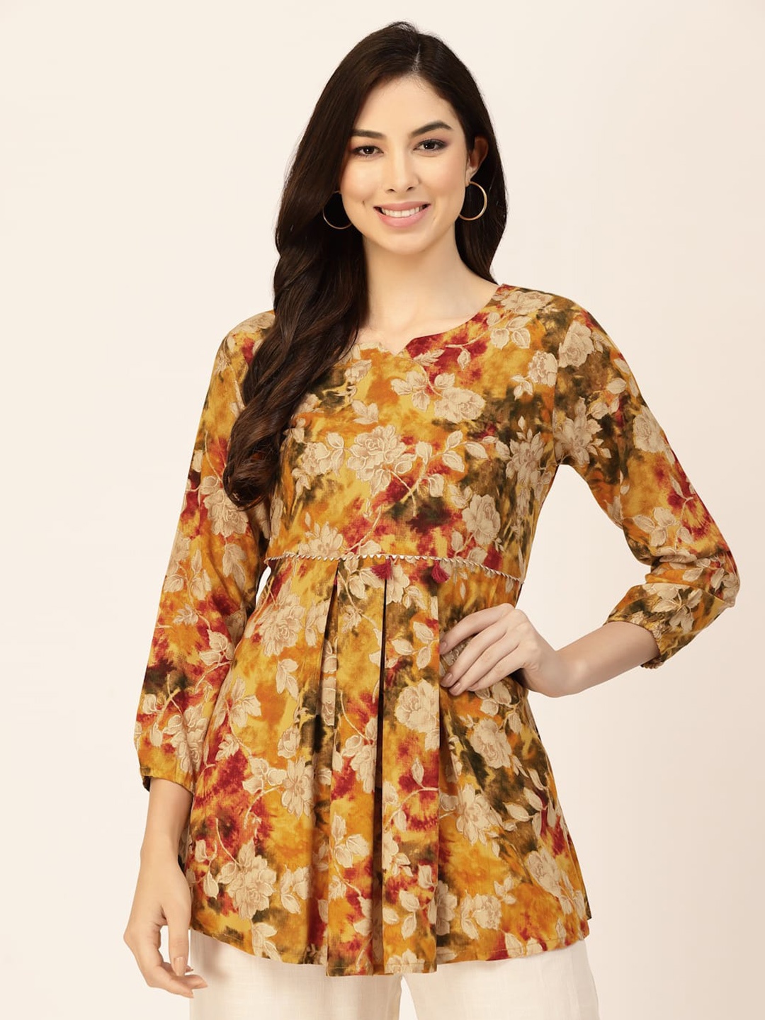 

TANKHI Modal Floral Printed Embellished Tunic, Mustard