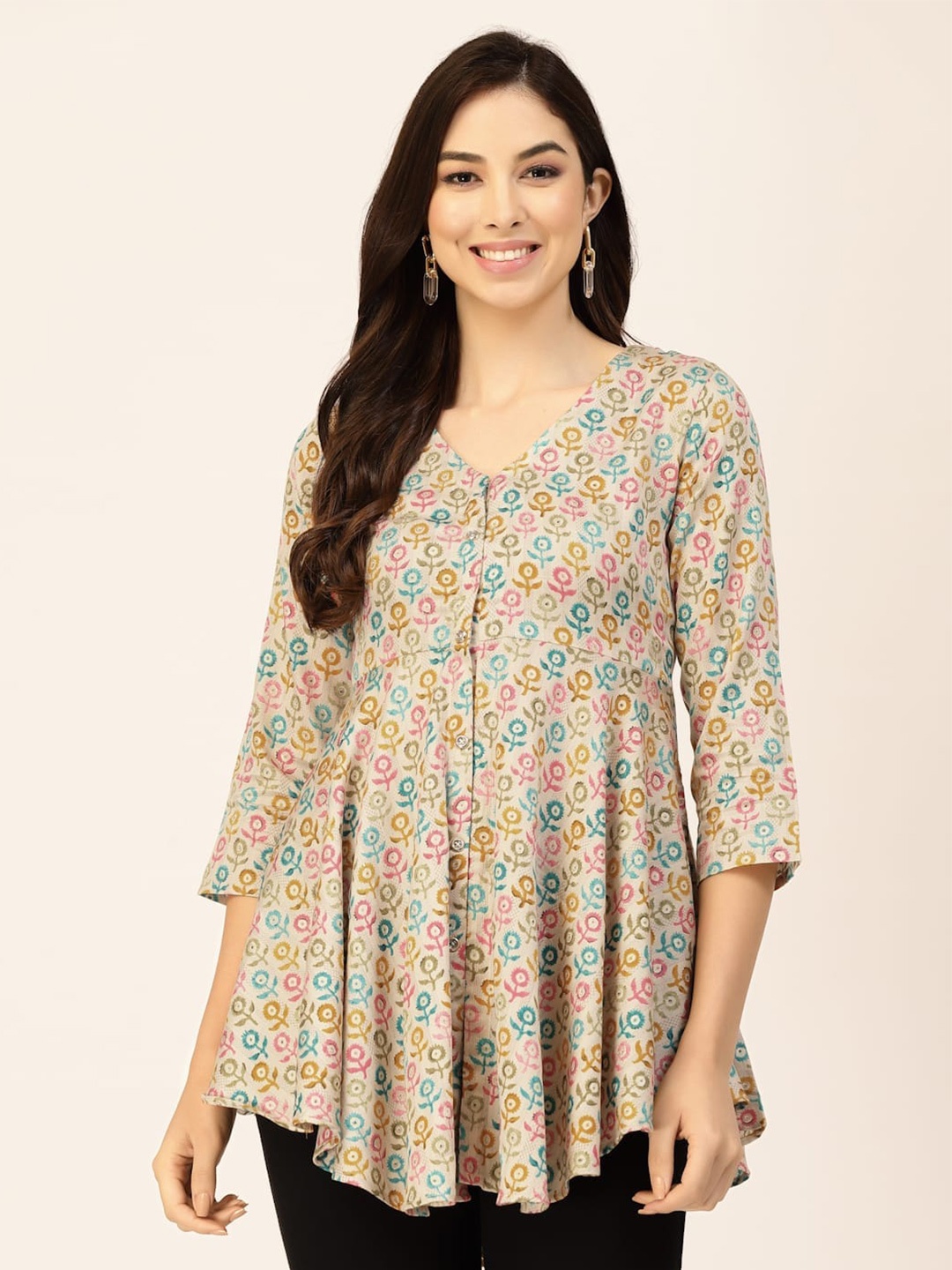 

TANKHI Floral Printed Three-Quarter Sleeves V-Neck Tunic, Cream