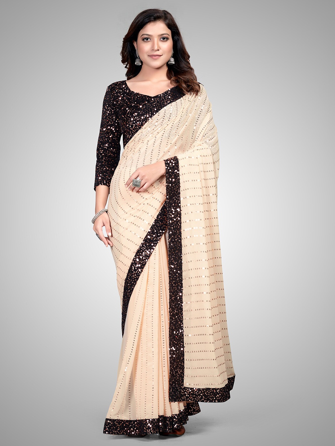 

KALINI Embellished Sequinned Pure Georgette Saree, Orange