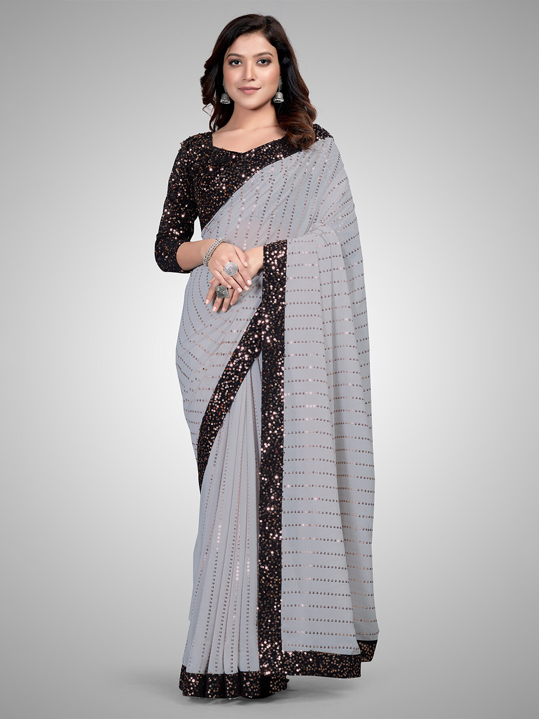 

KALINI Embellished Sequinned Pure Georgette Saree, Grey