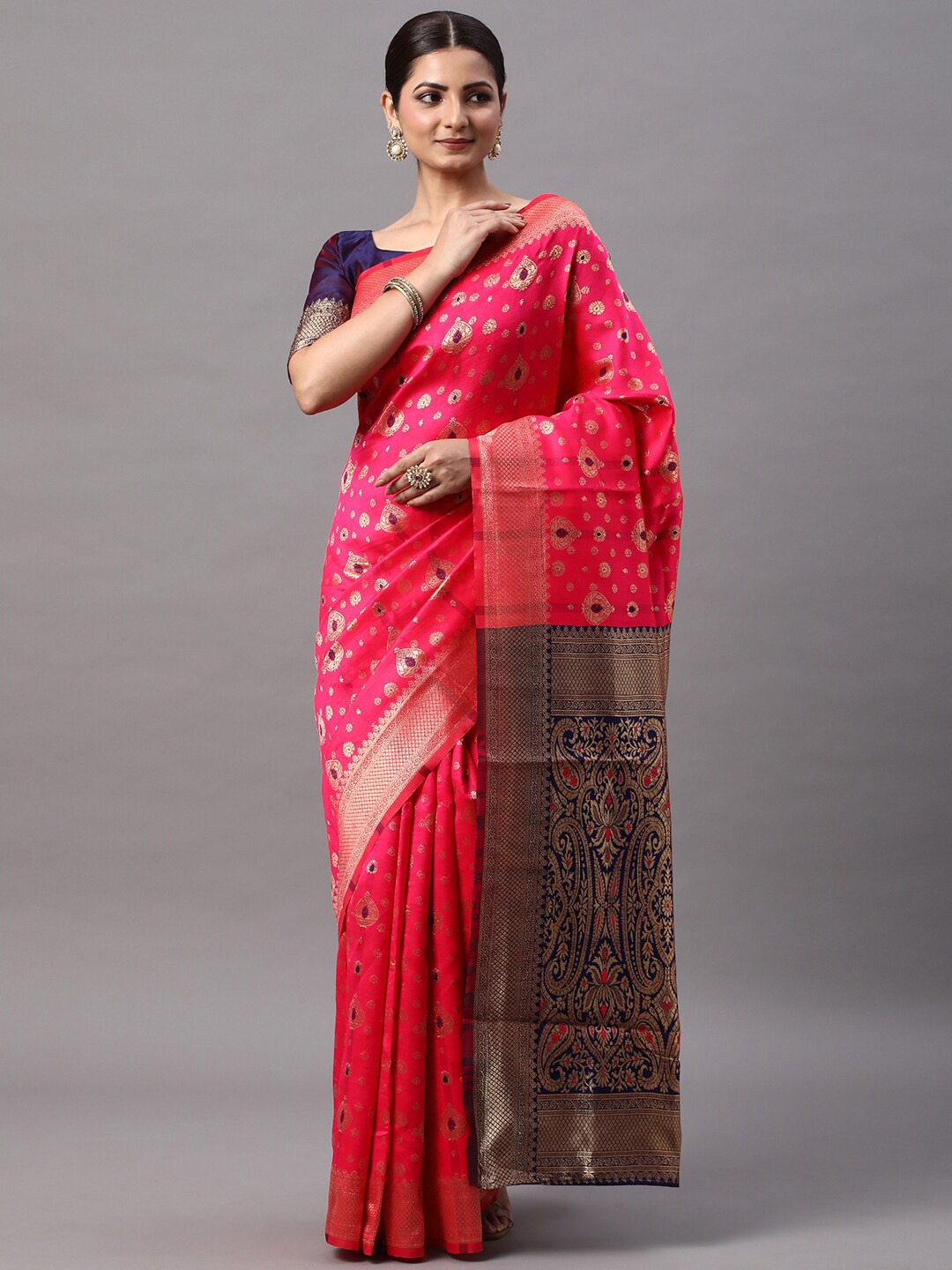 

Mitera Ethnic Motifs Woven Design Zari Silk Blend Kanjeevaram Saree, Pink