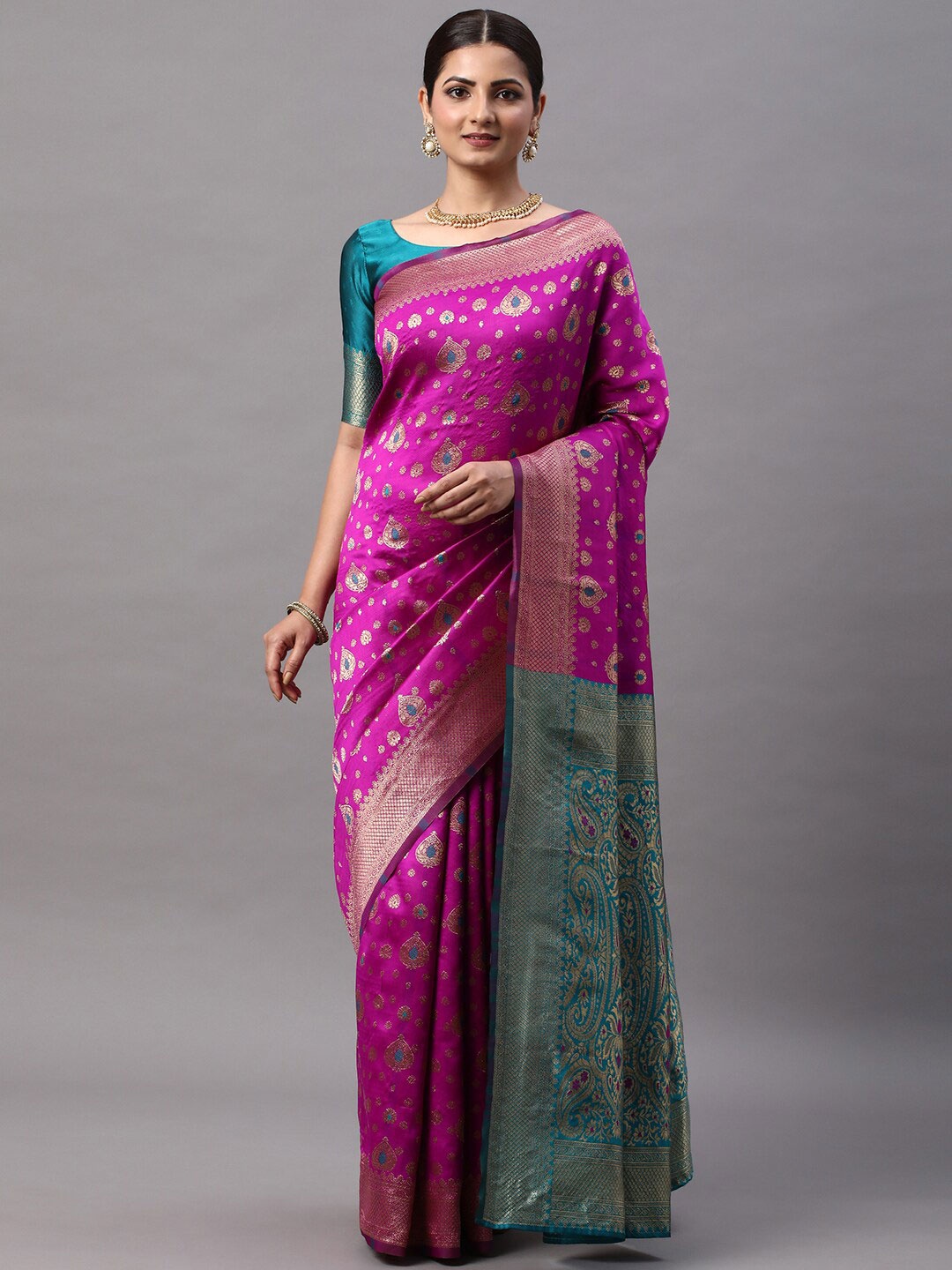 

Mitera Magenta & Turquoise Blue Ethnic Motifs Woven Design Zari Kanjeevaram Saree