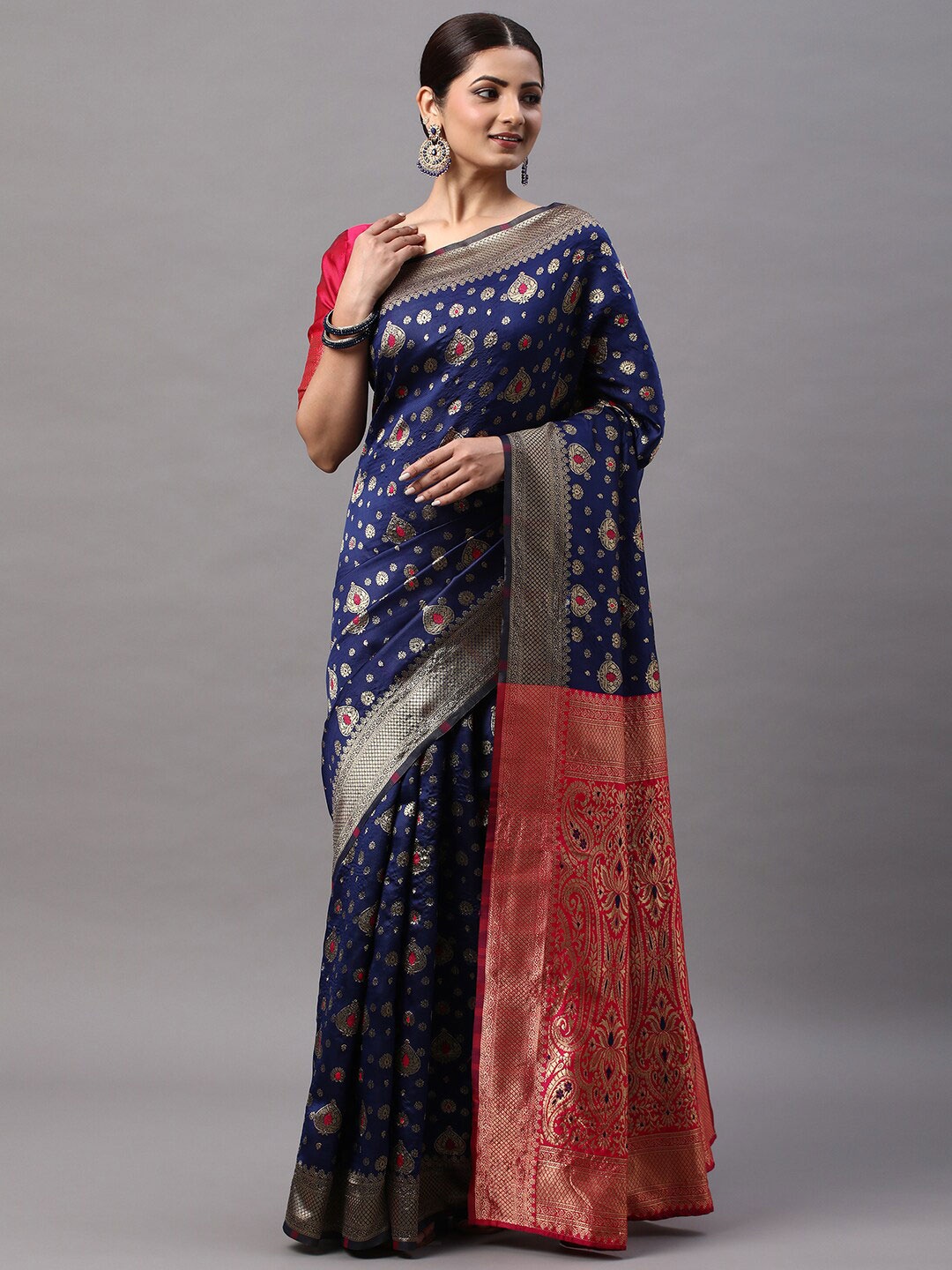 

Mitera Navy Blue & Pink Ethnic Motifs Woven Design Zari Silk Blend Kanjeevaram Saree