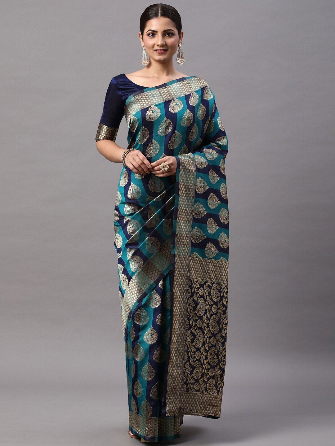 

MiteraWoven Design Zari Silk Blend Kanjeevaram Saree, Navy blue