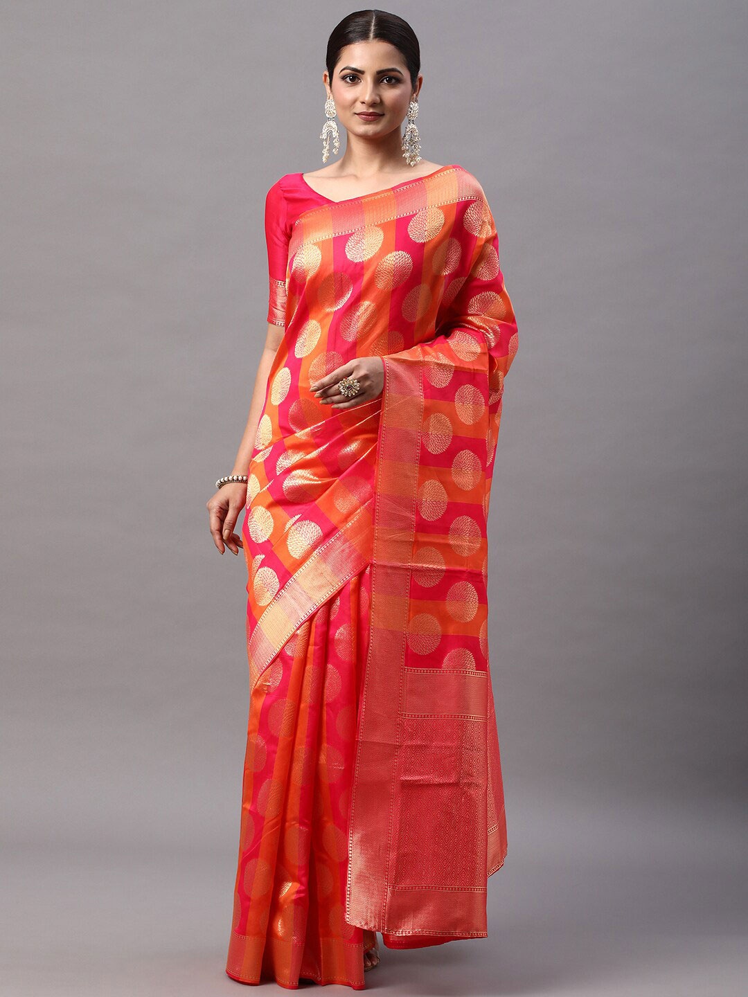 

Mitera Pink & Orange-Coloured Ethnic Motifs Woven Design Zari Kanjeevaram Saree