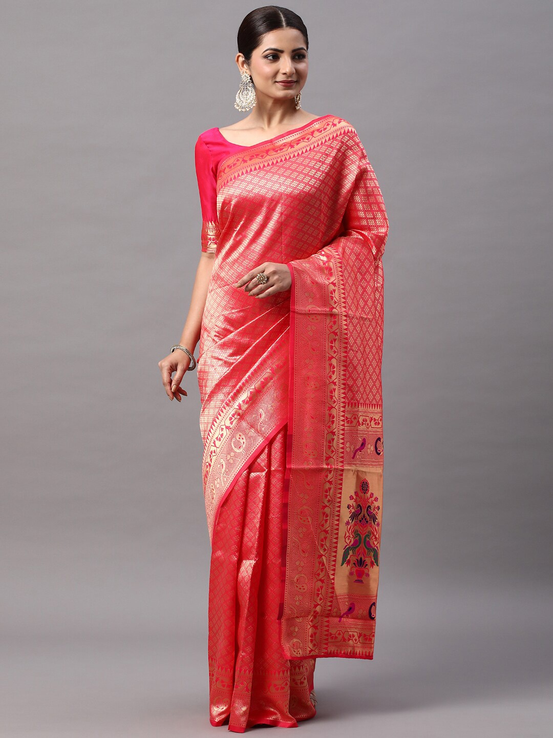 

Mitera Ethnic Motifs Woven Design Zari Kanjeevaram Saree, Pink