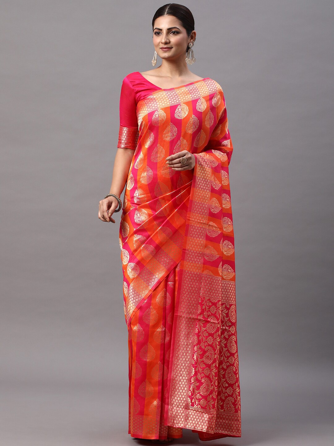 

Mitera Pink & Orange Woven Design Zari Silk Blend Kanjeevaram Saree