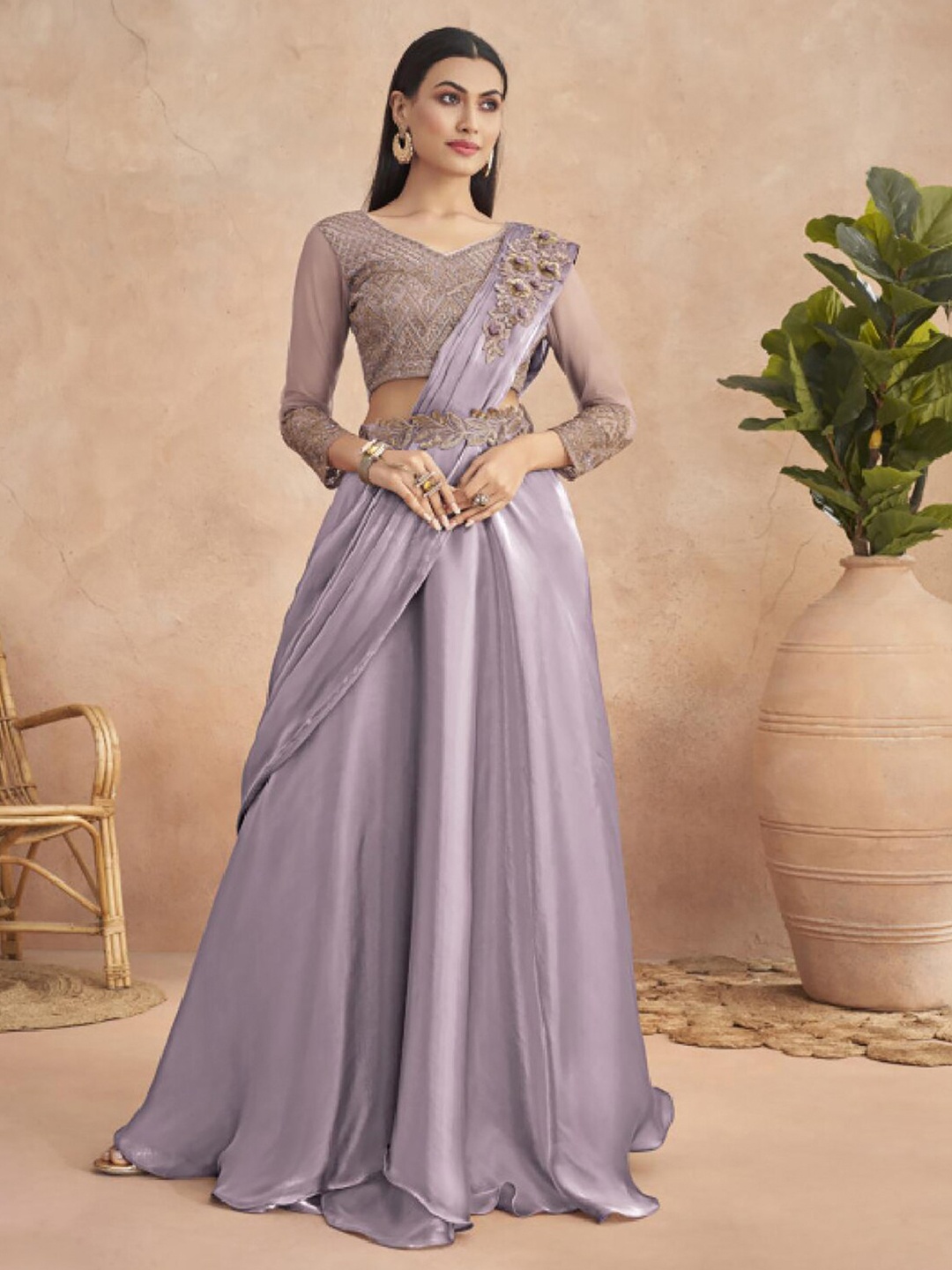 

Mitera Lavender Floral Embroidered Satin Saree