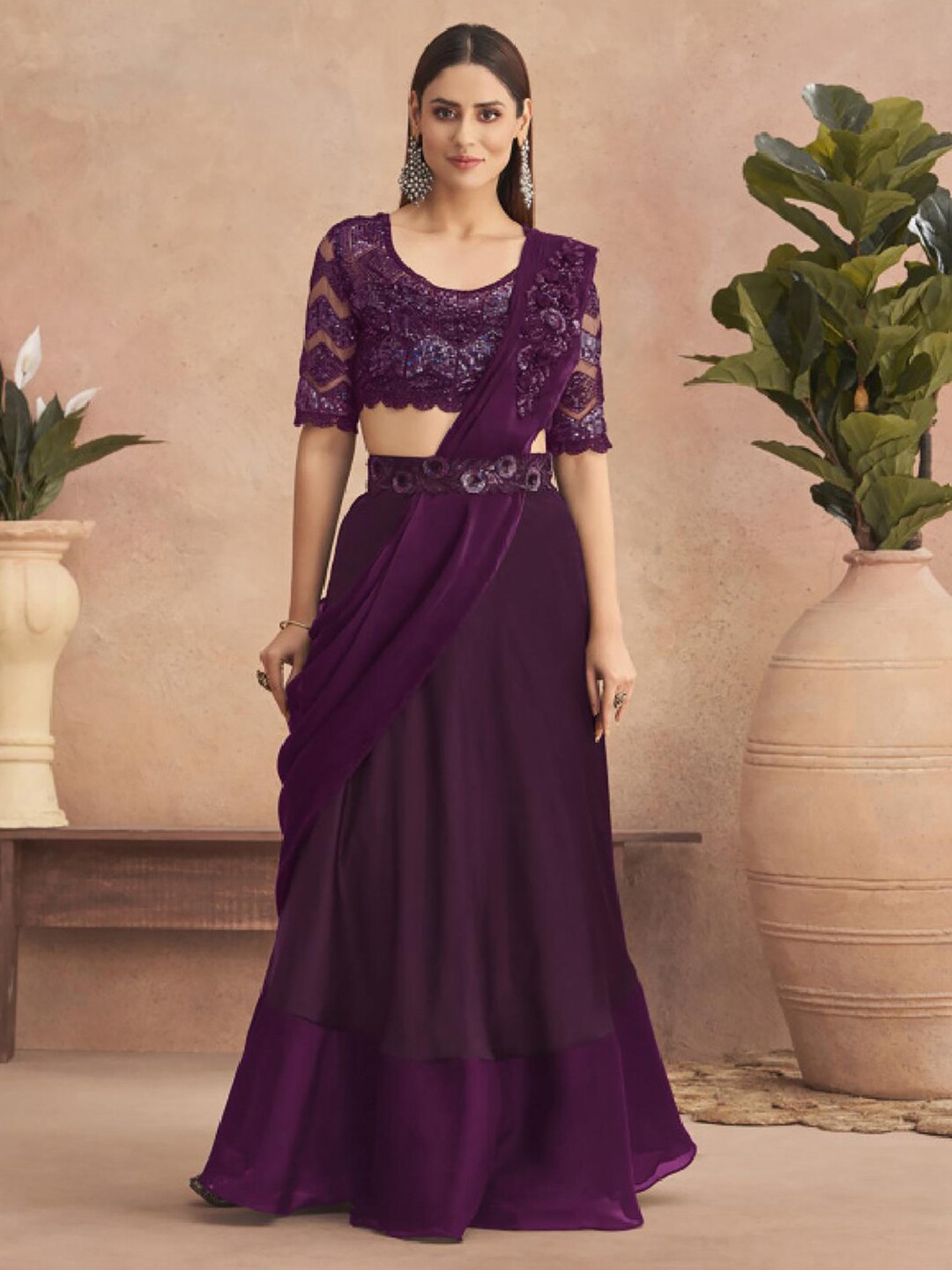 

Mitera Purple Floral Embroidered Saree