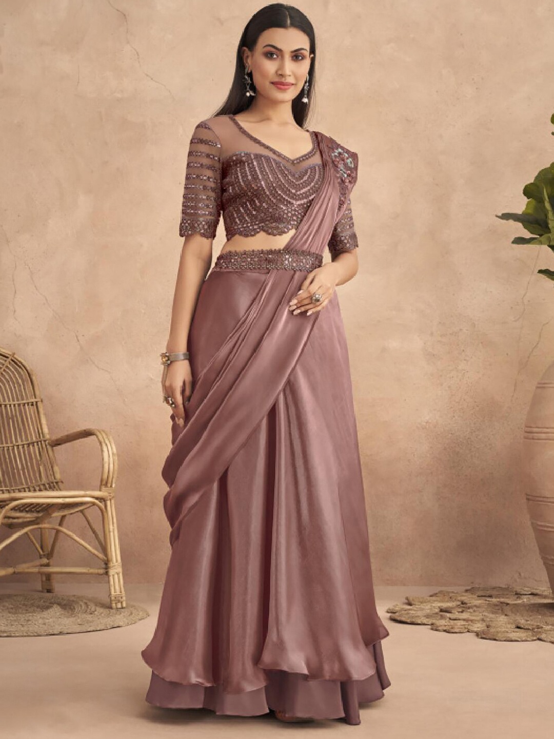 

Mitera Floral Embroidered Sequinned Satin Celebrity Saree, Brown