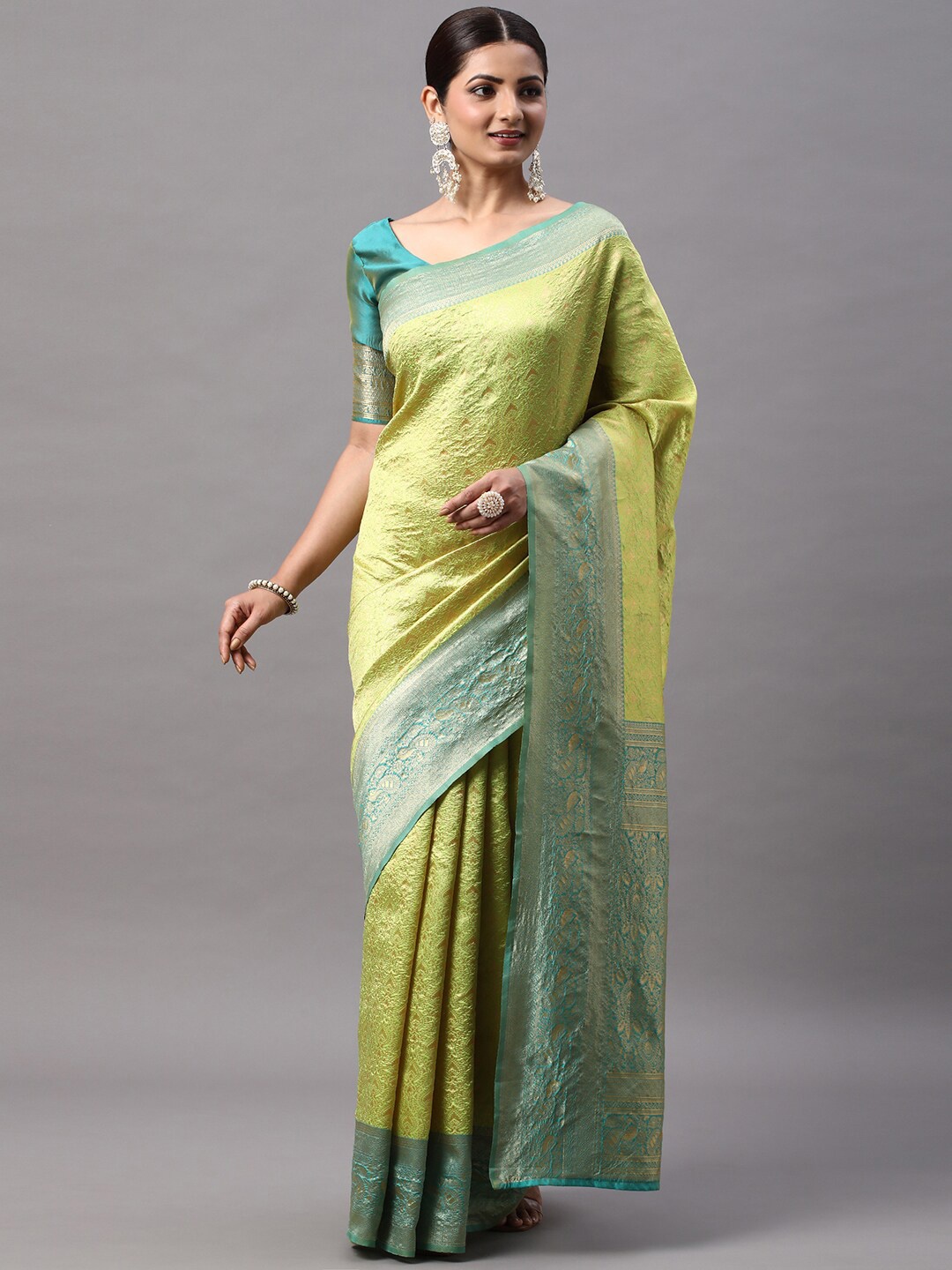 

Mitera Woven Design Zari Silk Blend Kanjeevaram Saree, Lime green