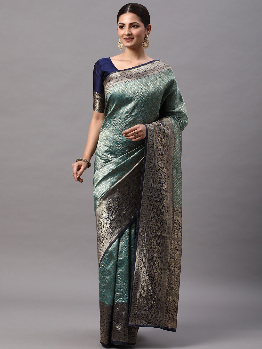 

Mitera Ethnic Motifs Woven Design Zari Detail Kanjeevaram Saree, Blue