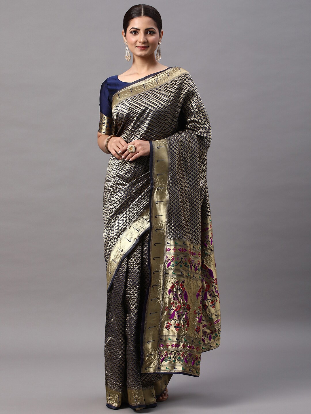 

Mitera Zari Silk Blend Kanjeevaram Saree, Navy blue